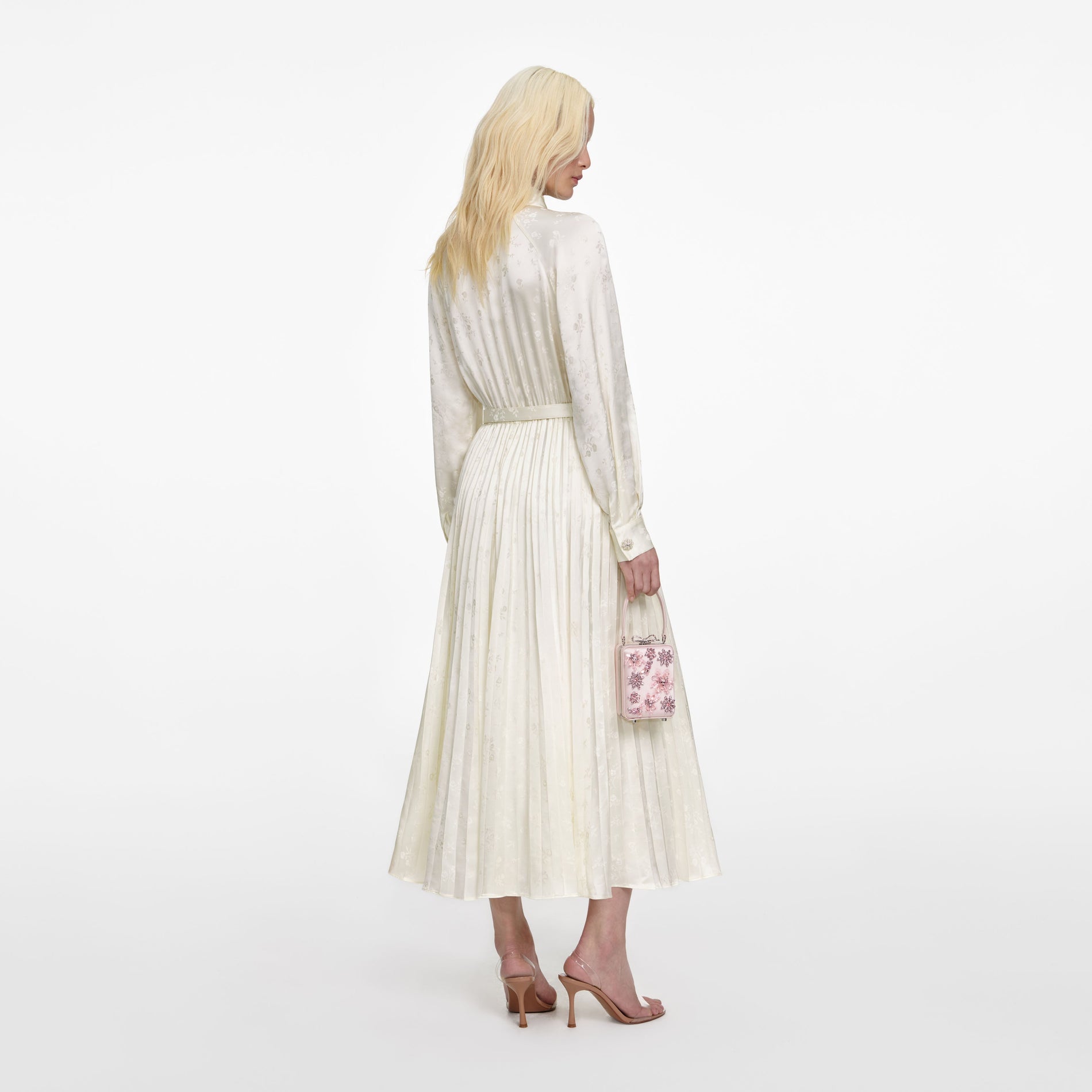 Back view of a woman wearing the Cream Satin Jacquard Midi Dress