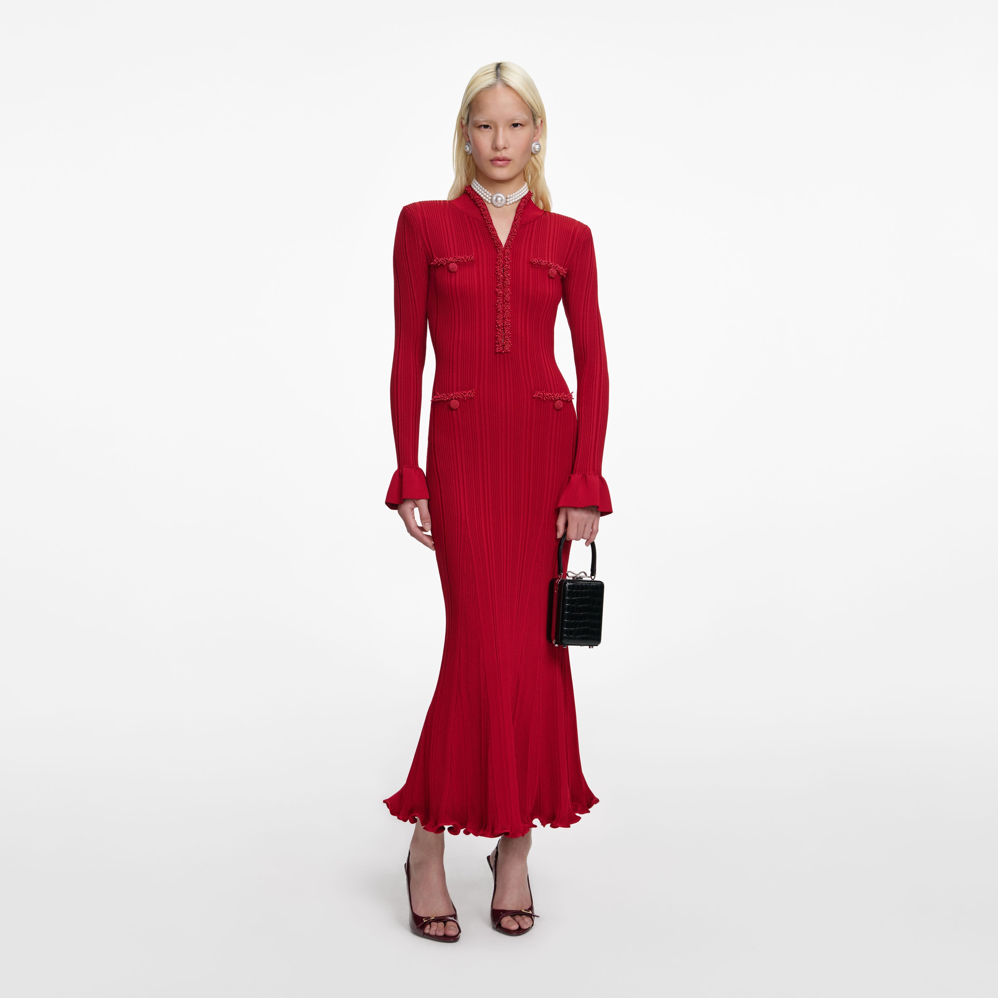 red knit midi dress Pearl Trim COLOR:Pink (as pictured) turning them into new section:sale A fun mini new