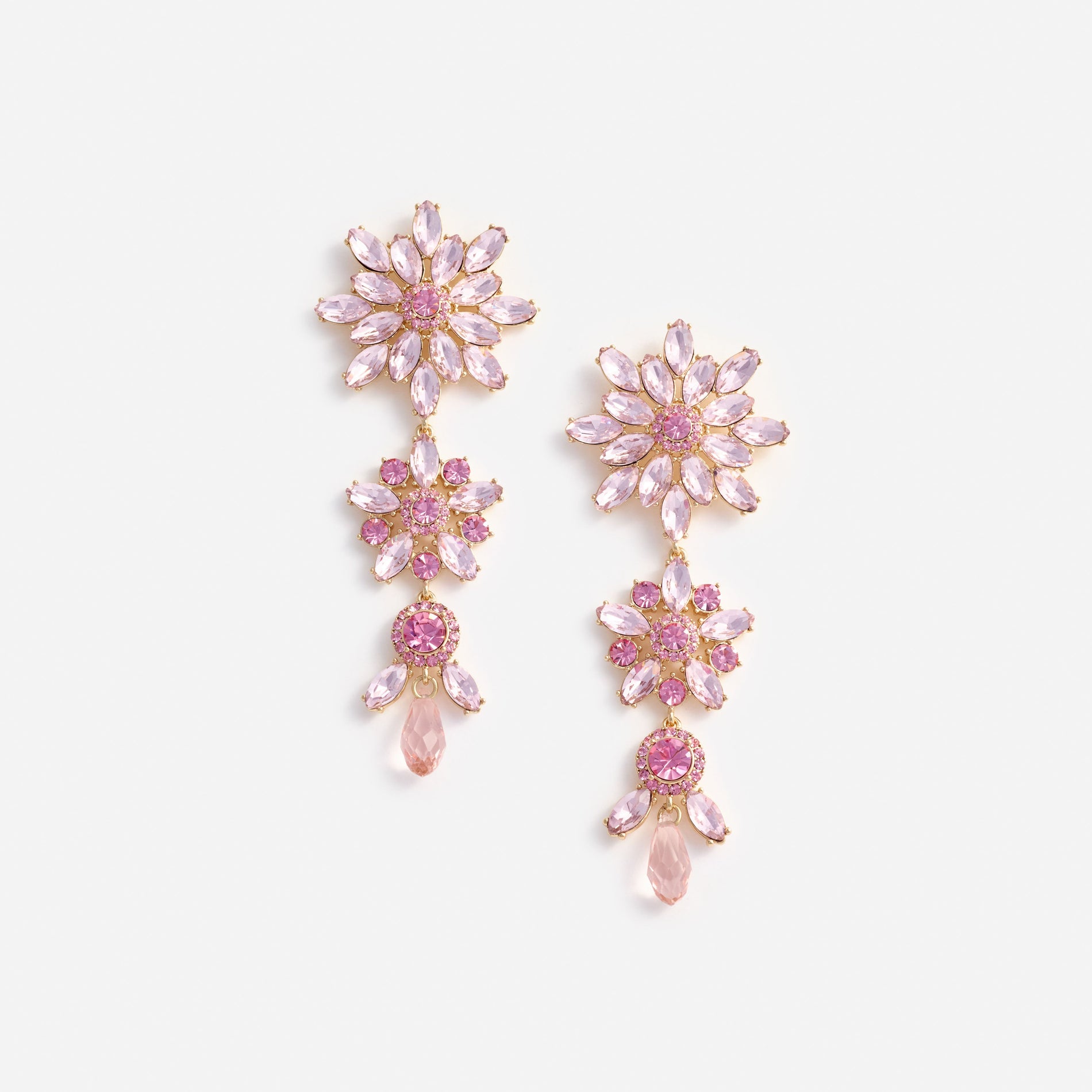Pink Crystal Tiered Flower Earrings