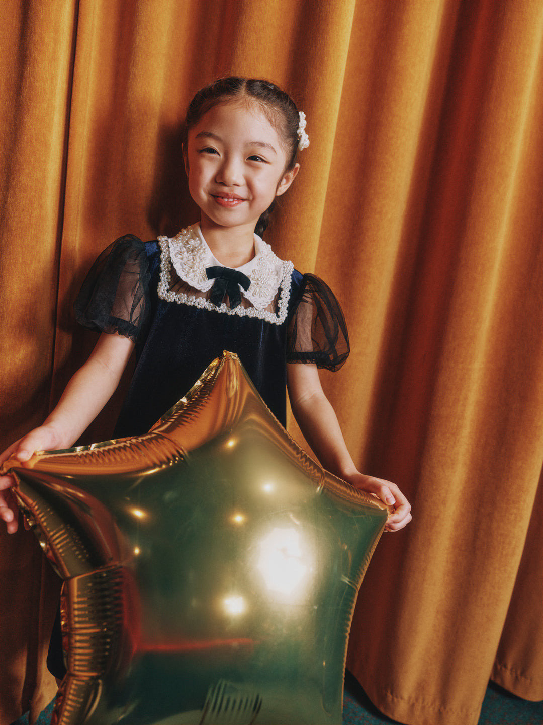 Navy Velvet Tulle Flower Trim Dress