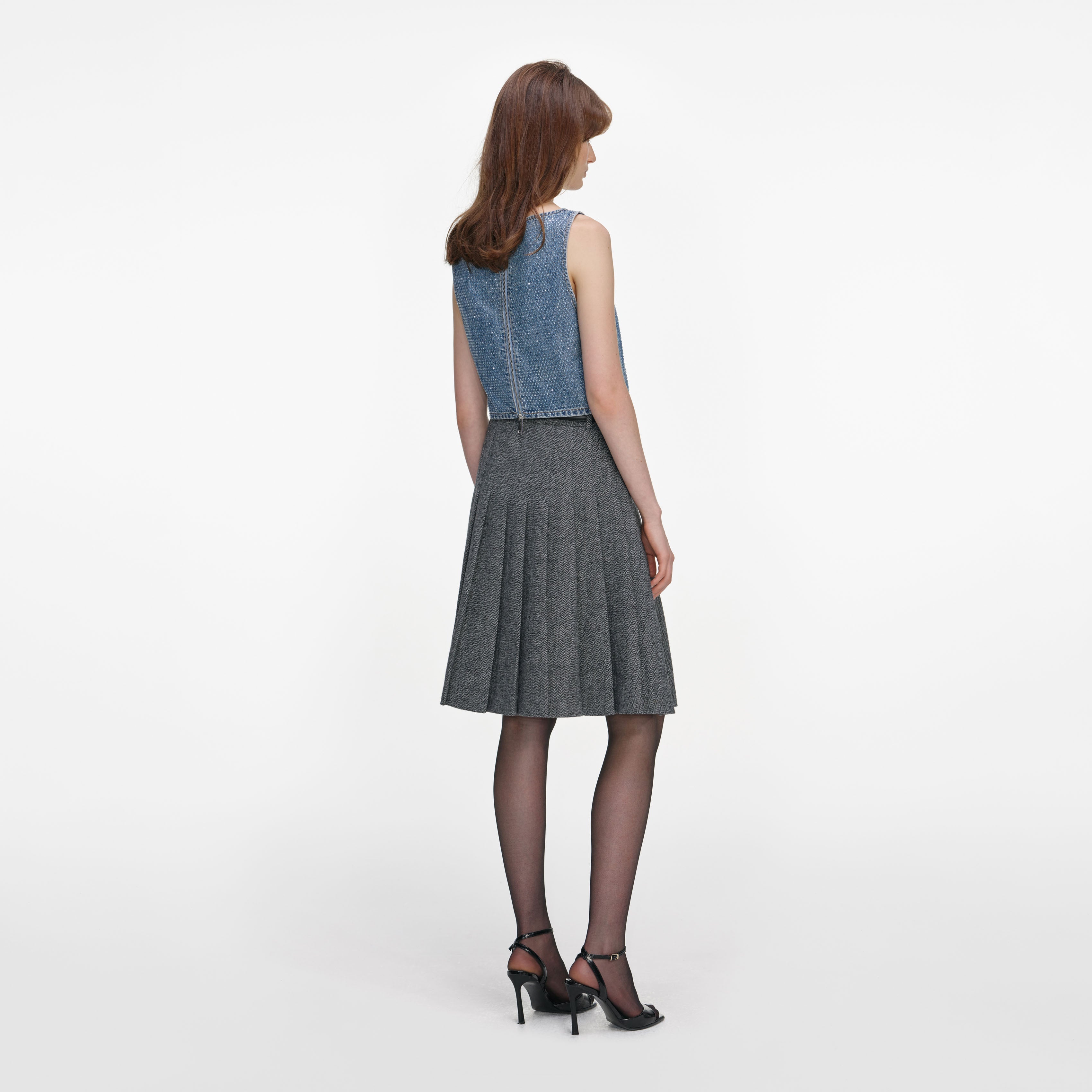 Grey Herringbone Pleated Midi Skirt