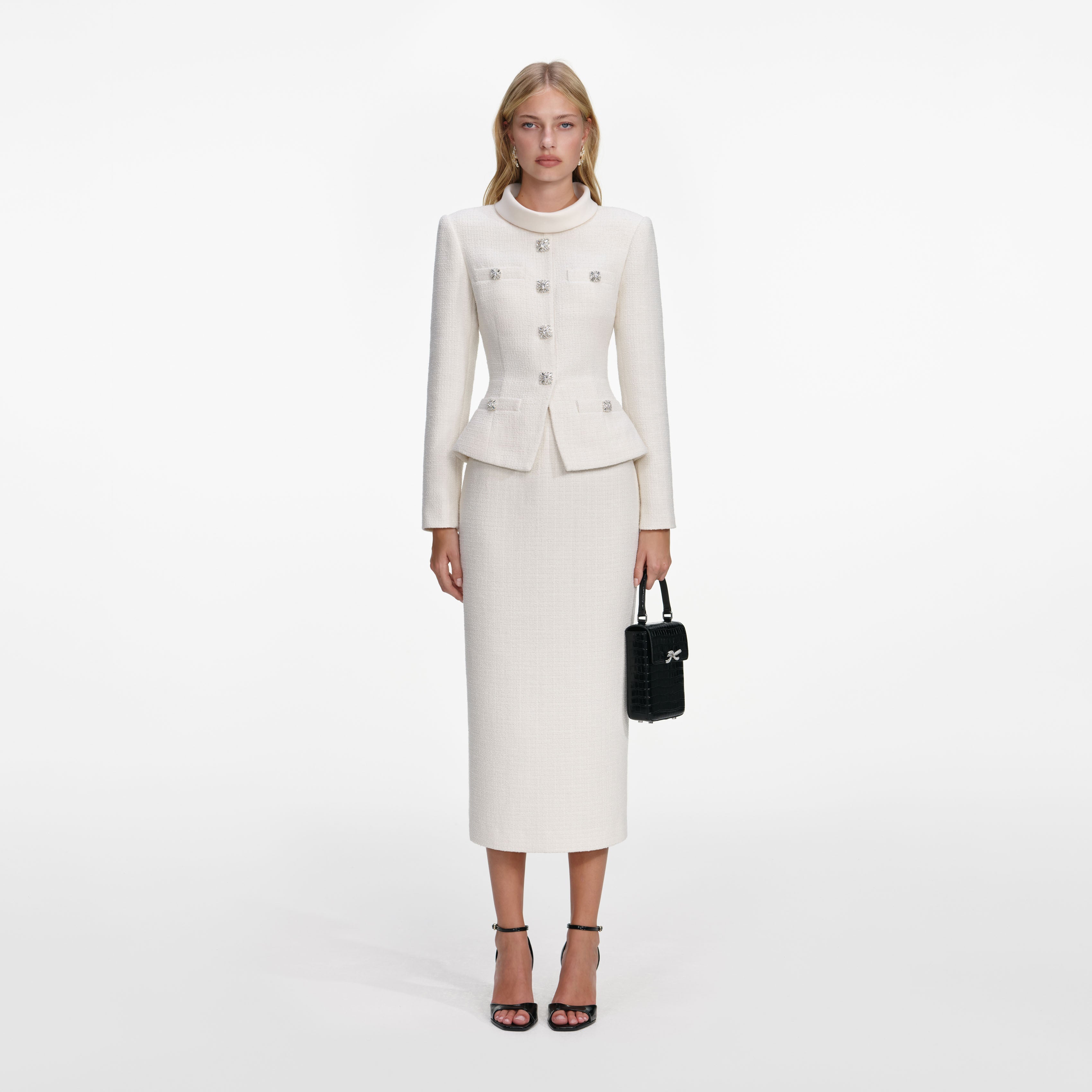 Cream Boucle Tailored Midi Dress  self-portrait-EU