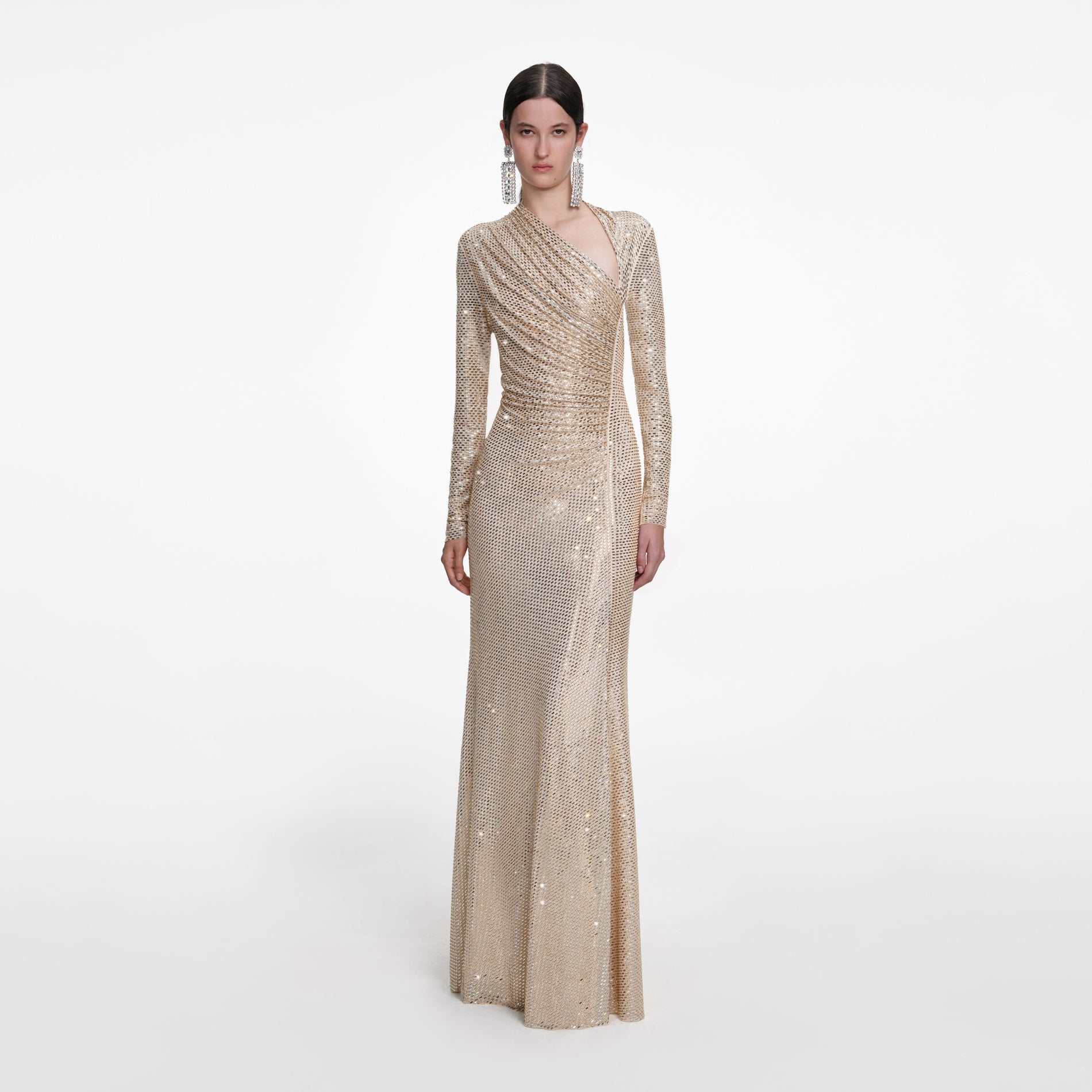 Champagne Rhinestone Drape Maxi Dress