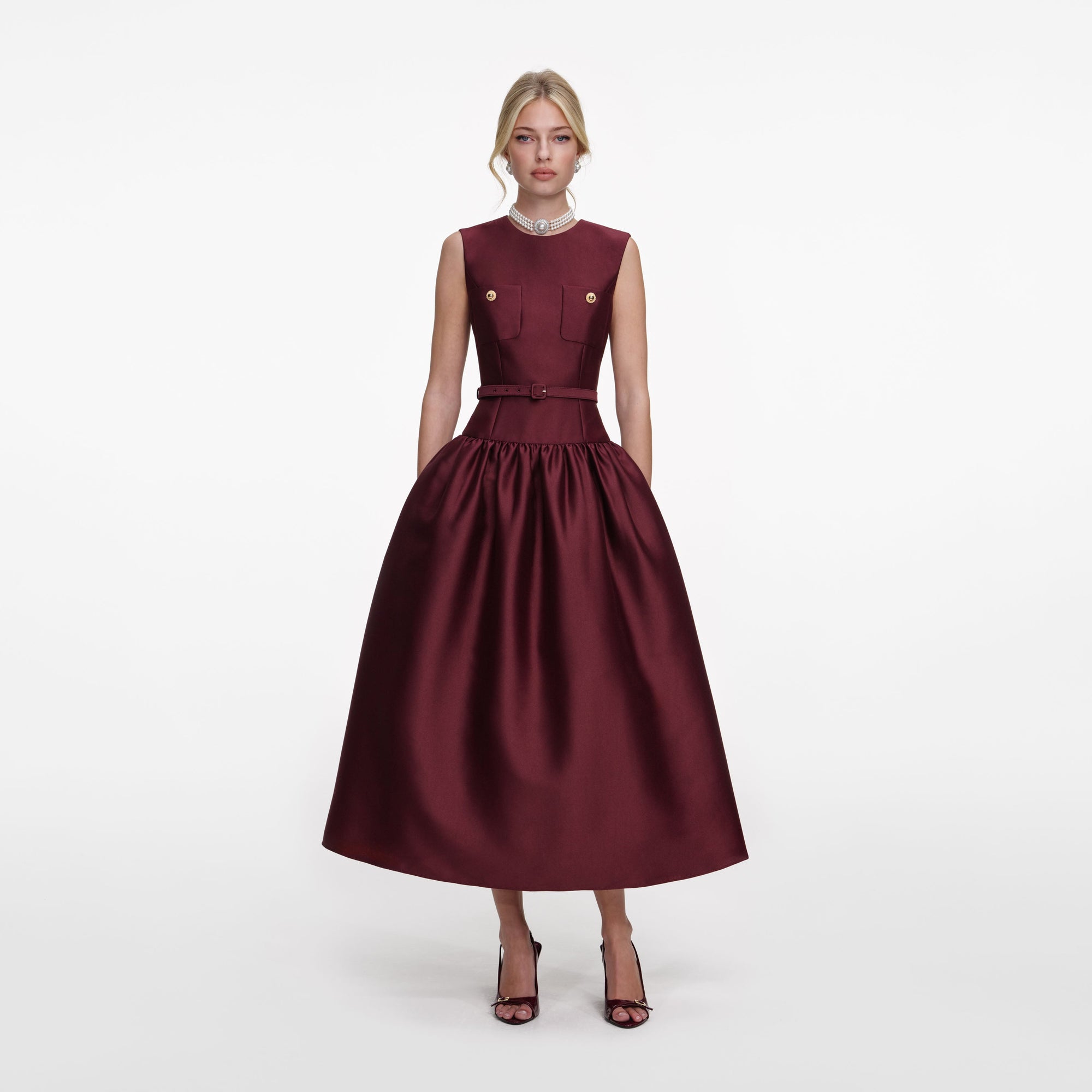 Front view of a woman wearing the Burgundy Taffeta Midi Dress