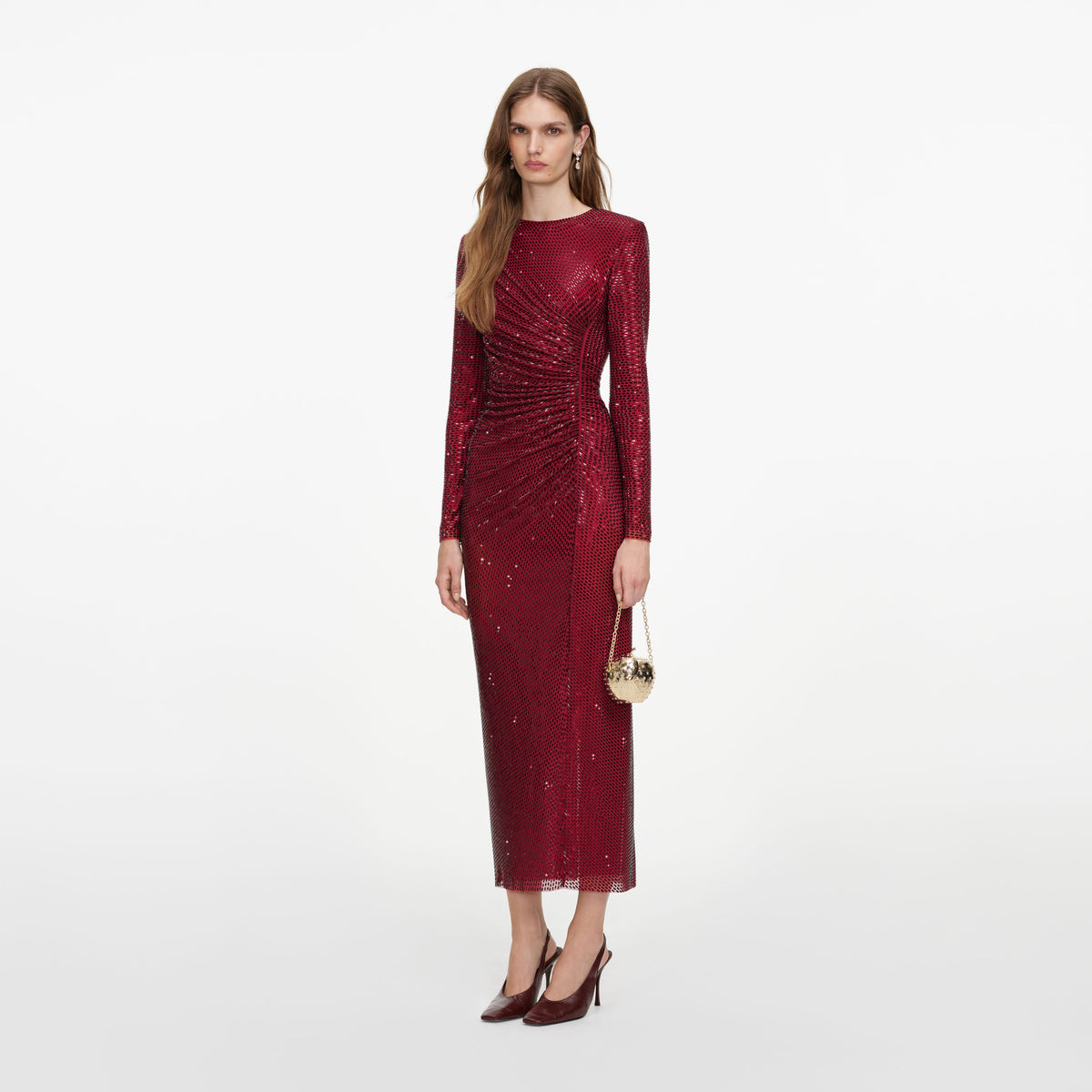 Side view of a woman wearing the Burgundy Rhinestone Gathered Midi Dress