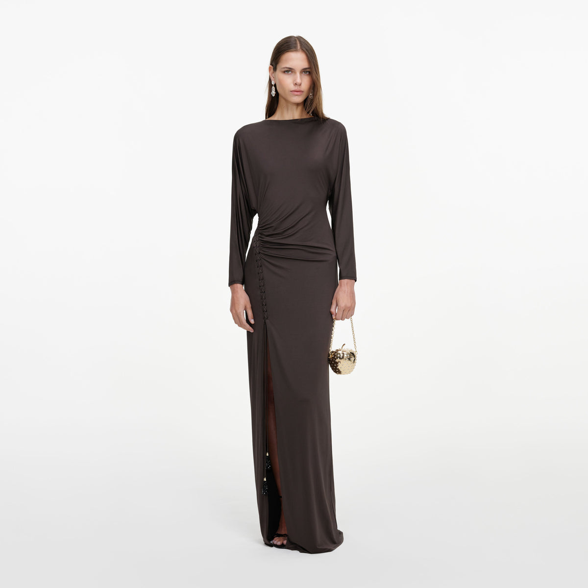 Front view of a woman wearing the Brown Jersey Open Back Maxi Dress
