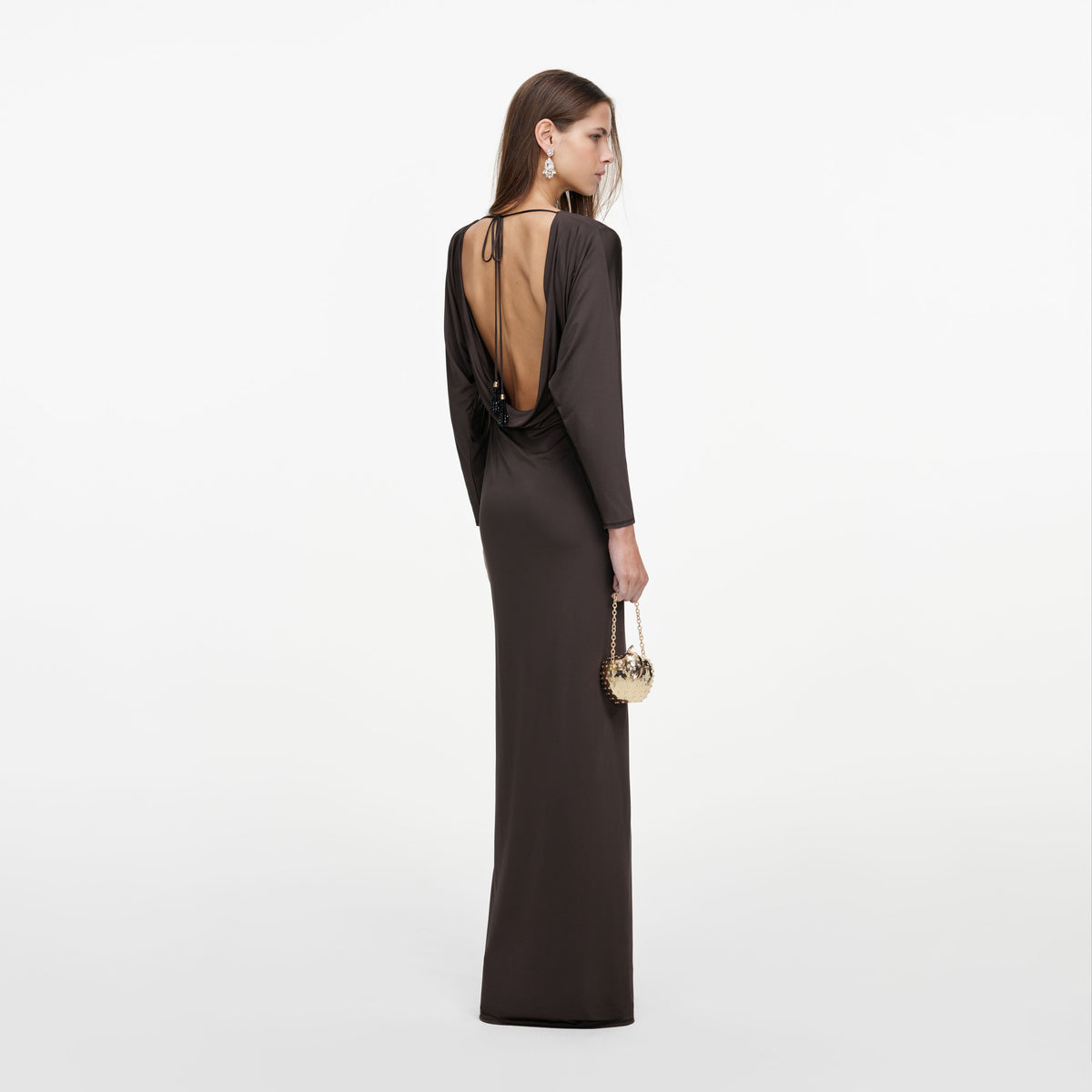 Back view of a woman wearing the Brown Jersey Open Back Maxi Dress