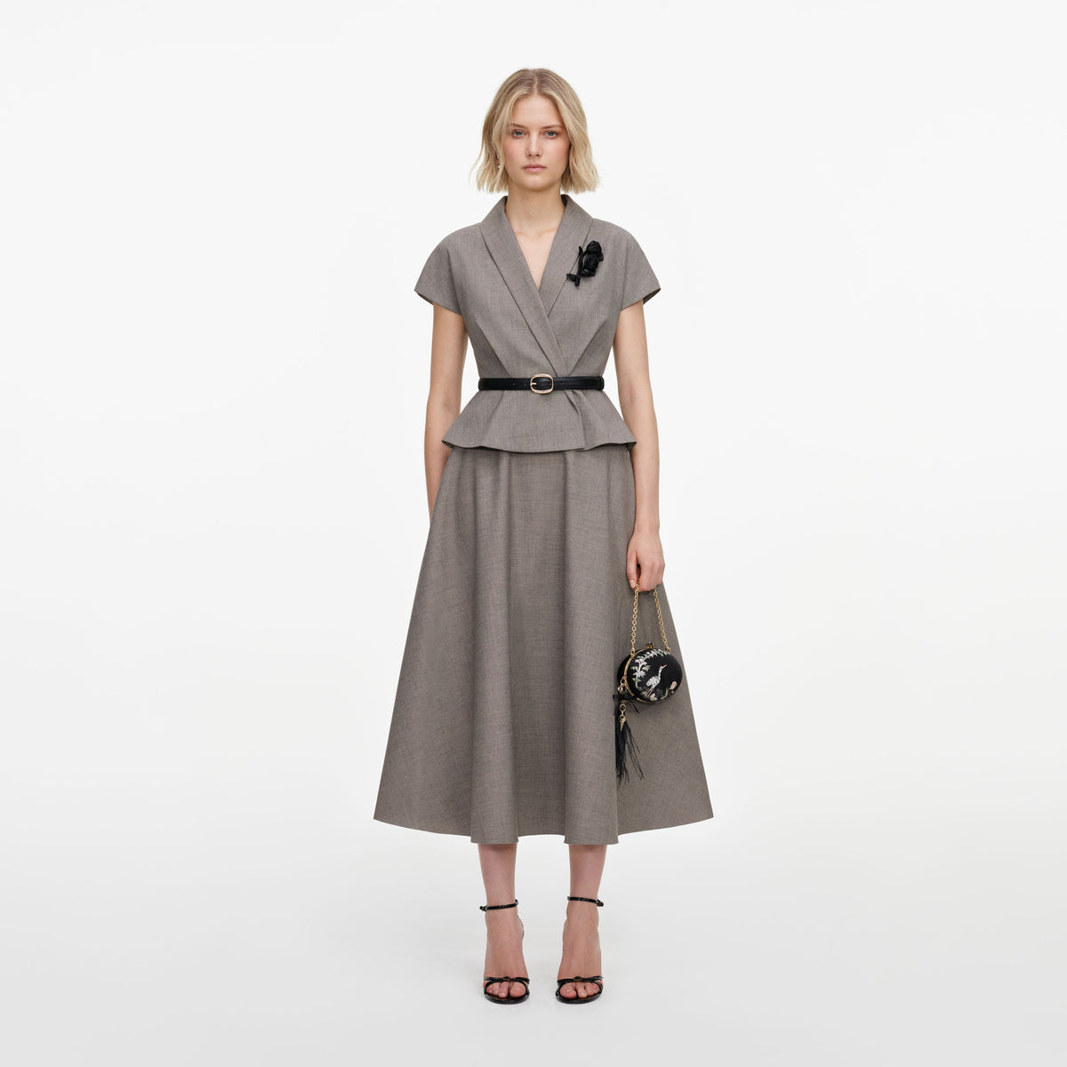 Front view of a woman wearing the Brown Twill Brooch Midi Dress
