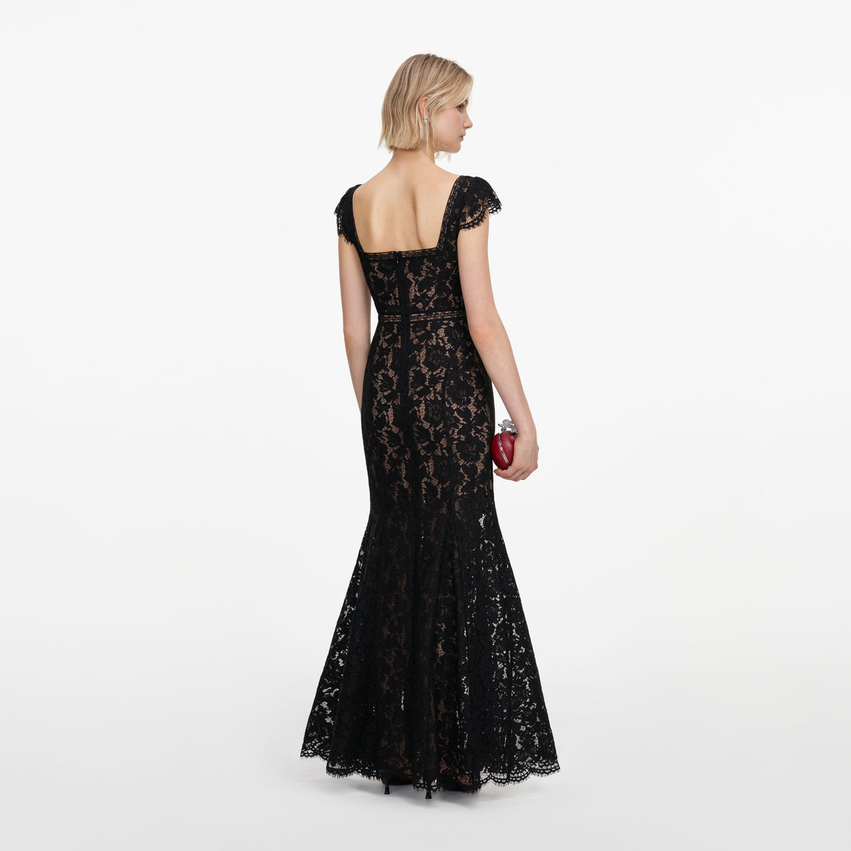 Back view of a woman wearing the Black Lace Square Neck Maxi Dress