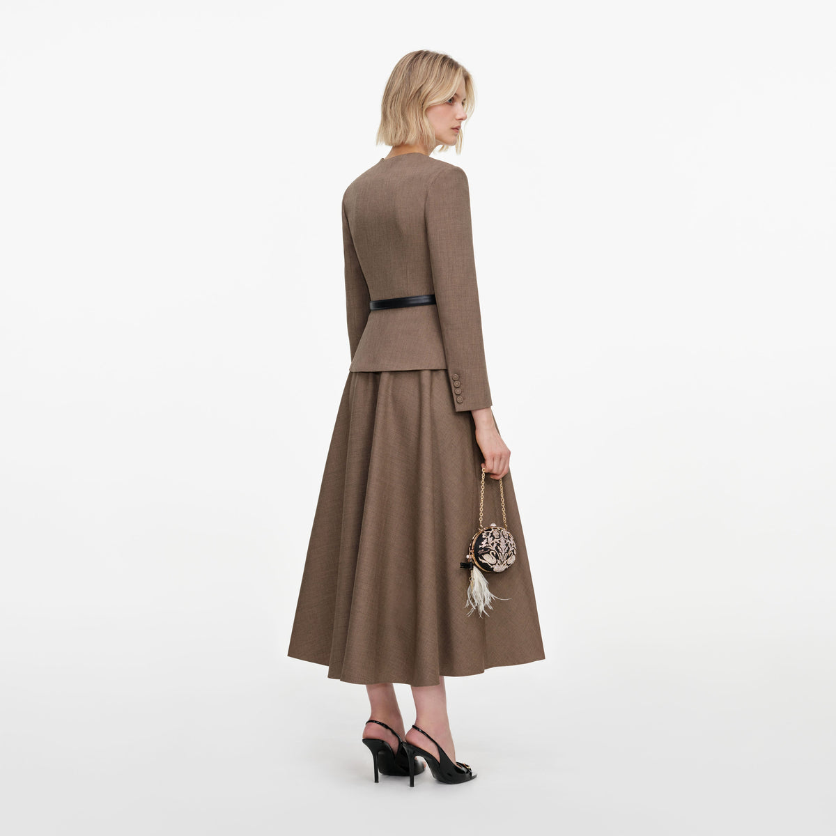 Back view of a woman wearing the Brown Tailored Twill Midi Dress