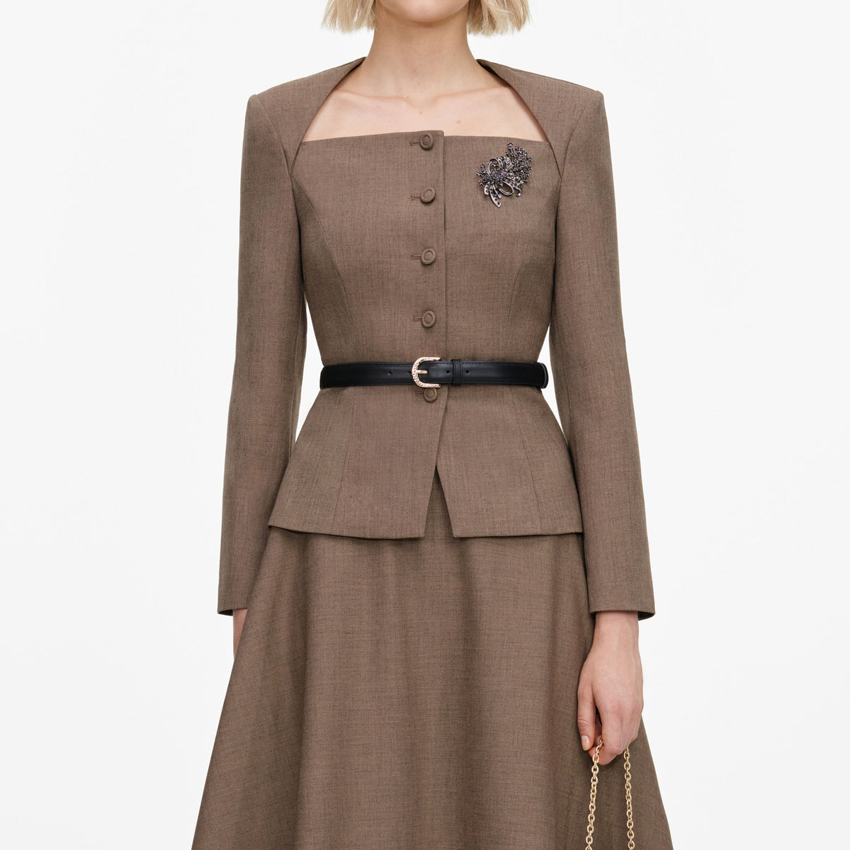 Brown Tailored Twill Midi Dress