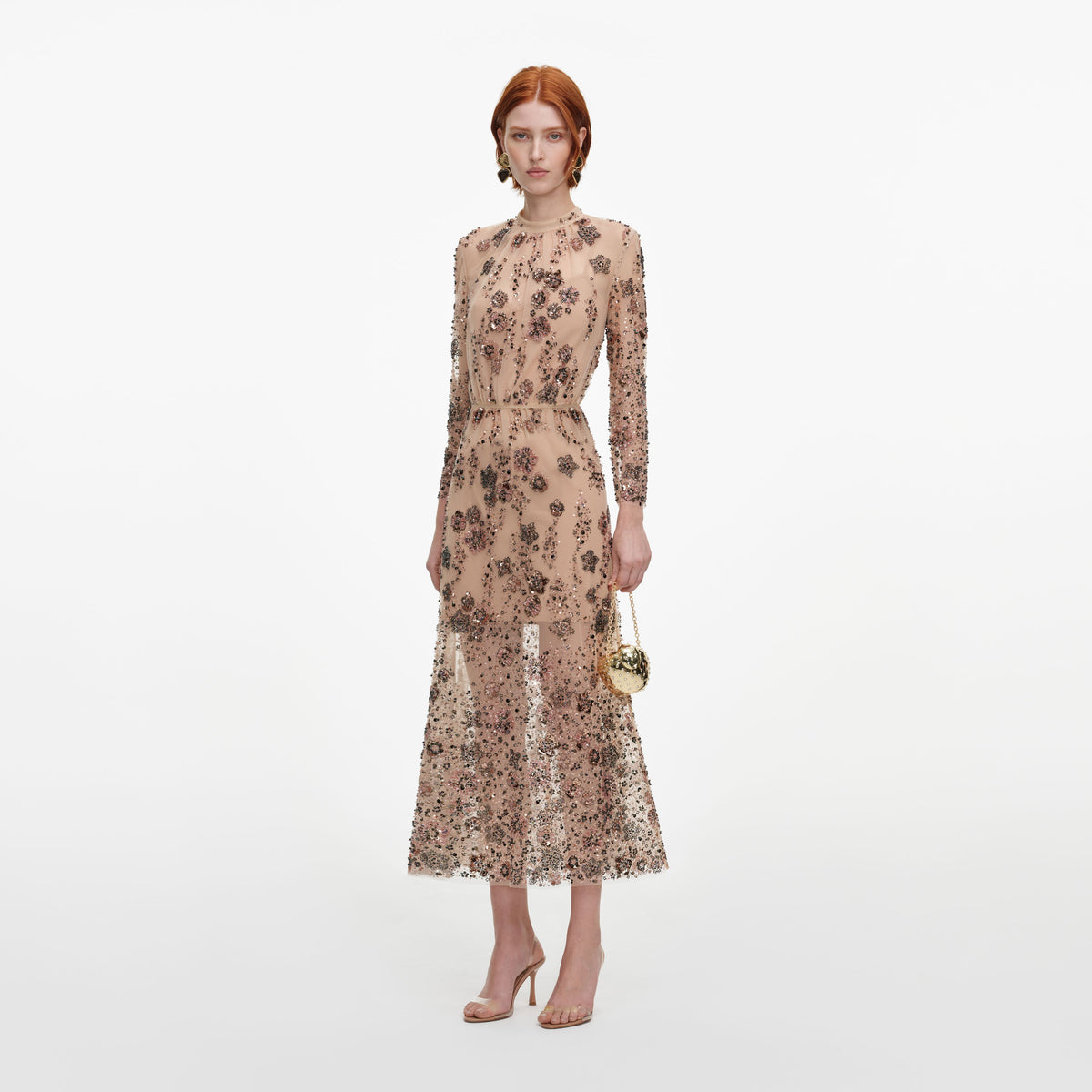 Side view of a woman wearing the Beige Sequin Embellished Midi Dress