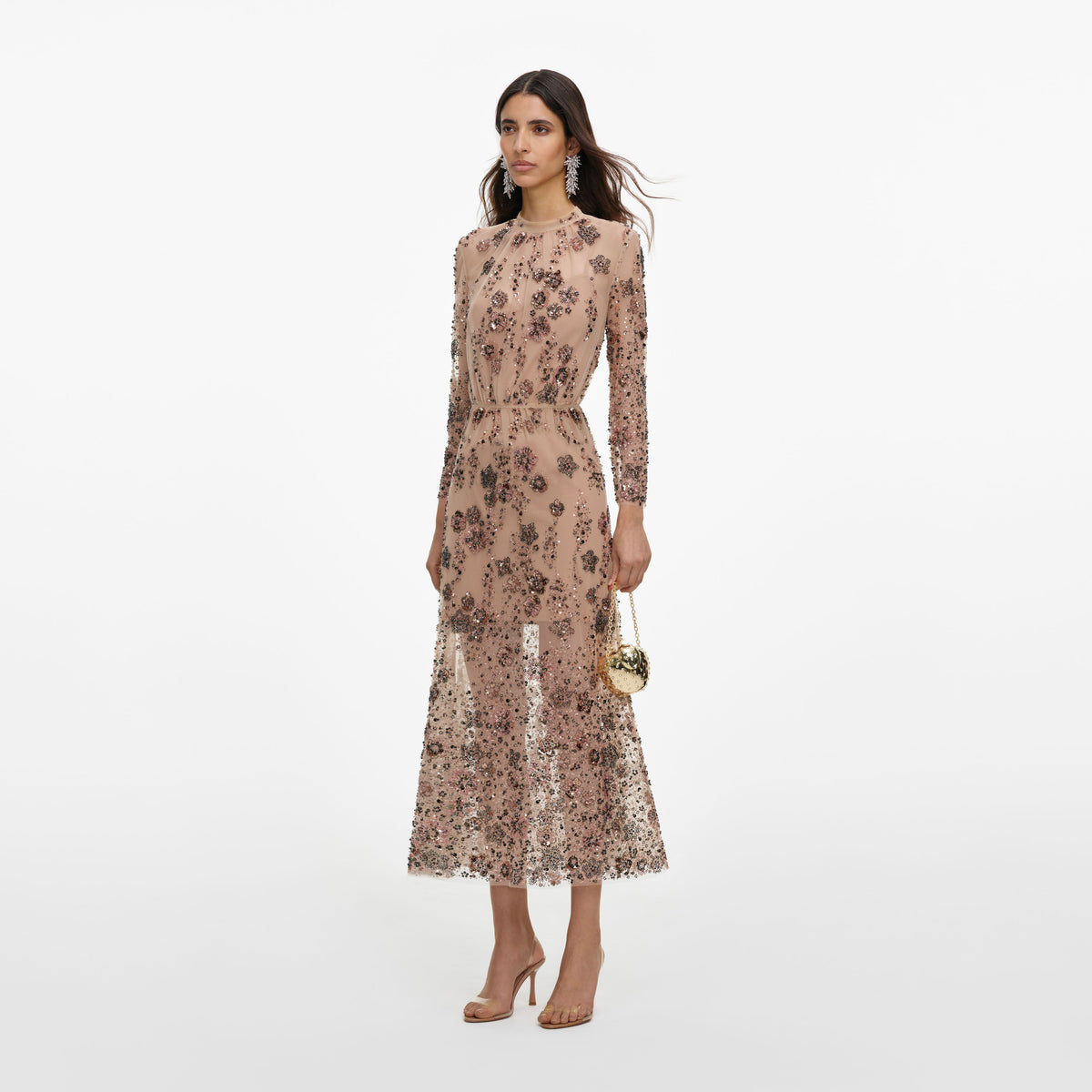 Beige Sequin Embellished Midi Dress