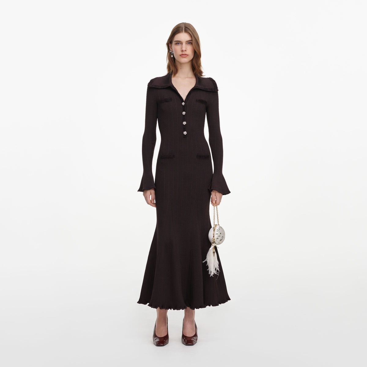 Front view of a woman wearing the Brown Fringe Knit Midi Dress