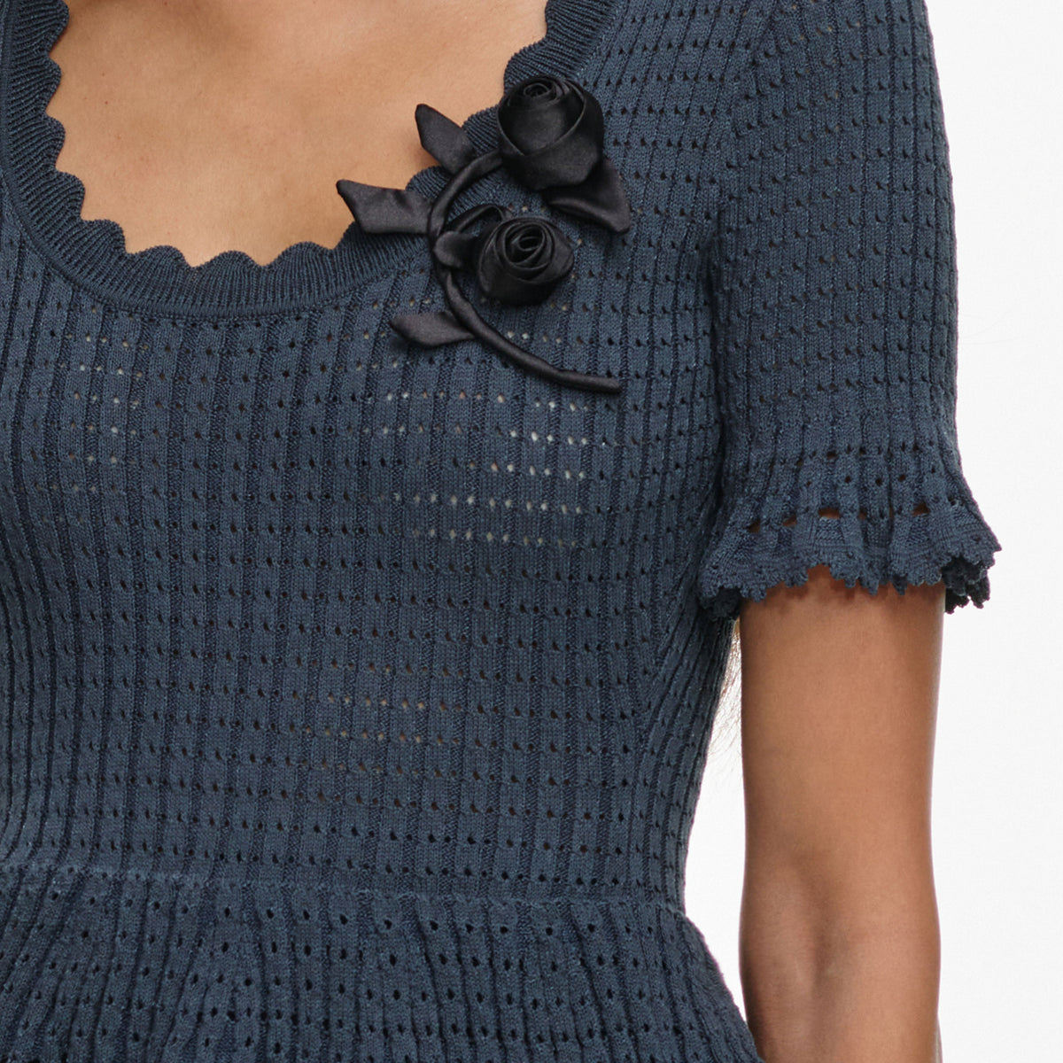 Grey Pointelle Peplum Knit Midi Dress