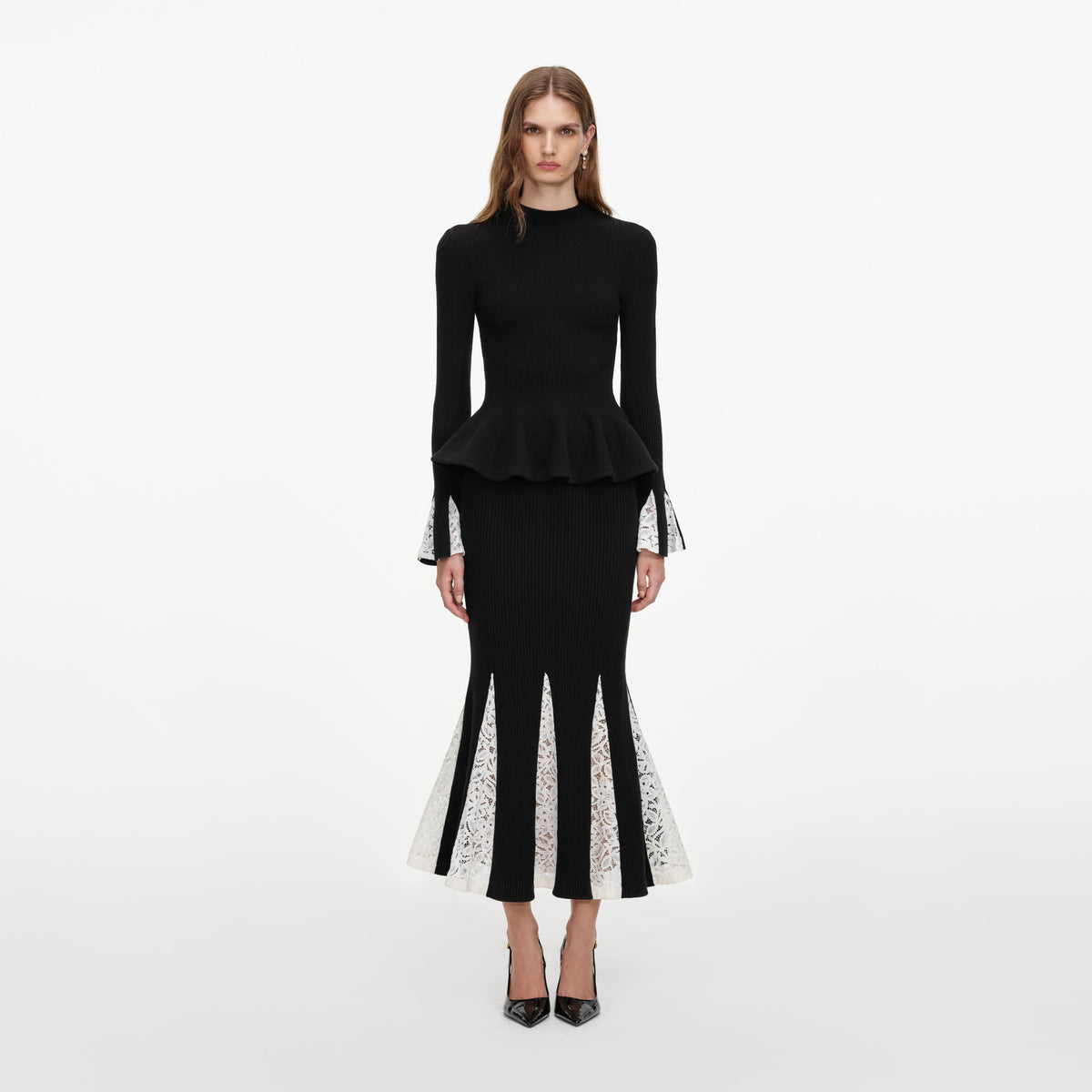 Black Lace Insert Knit Midi Dress