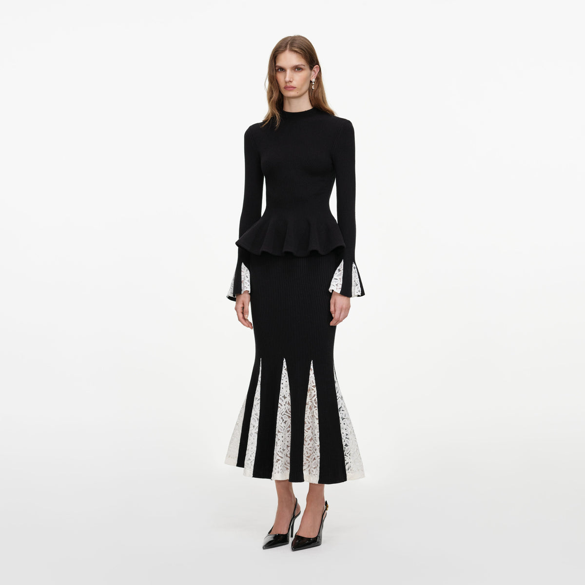 Black Lace Insert Knit Midi Dress