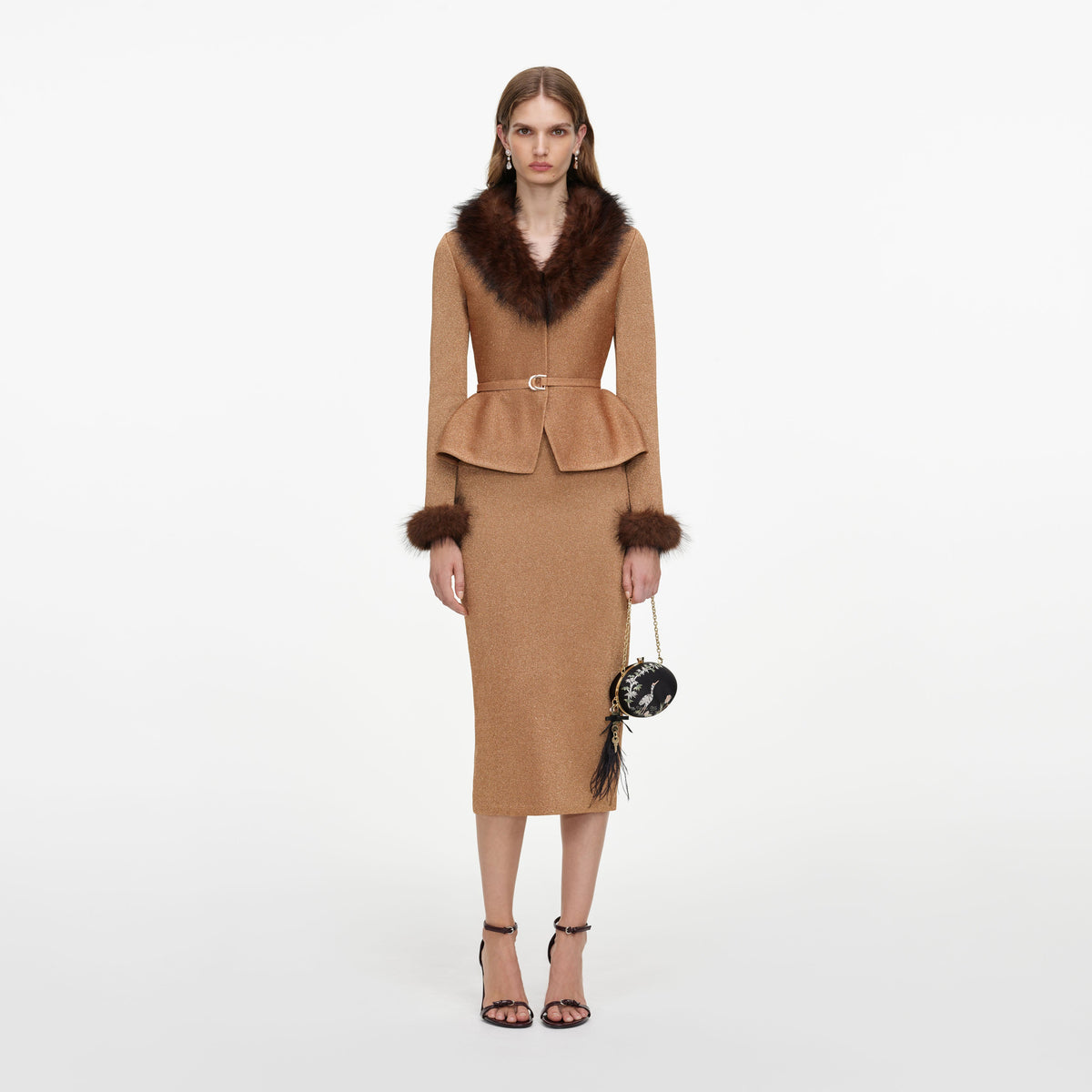 Front view of a woman wearing the Gold Fur Collar Knit Midi Dress