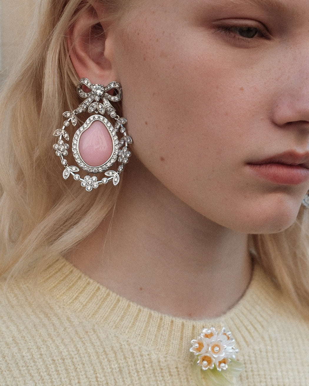 Small Pink Crystal Bow Droplet Earrings
