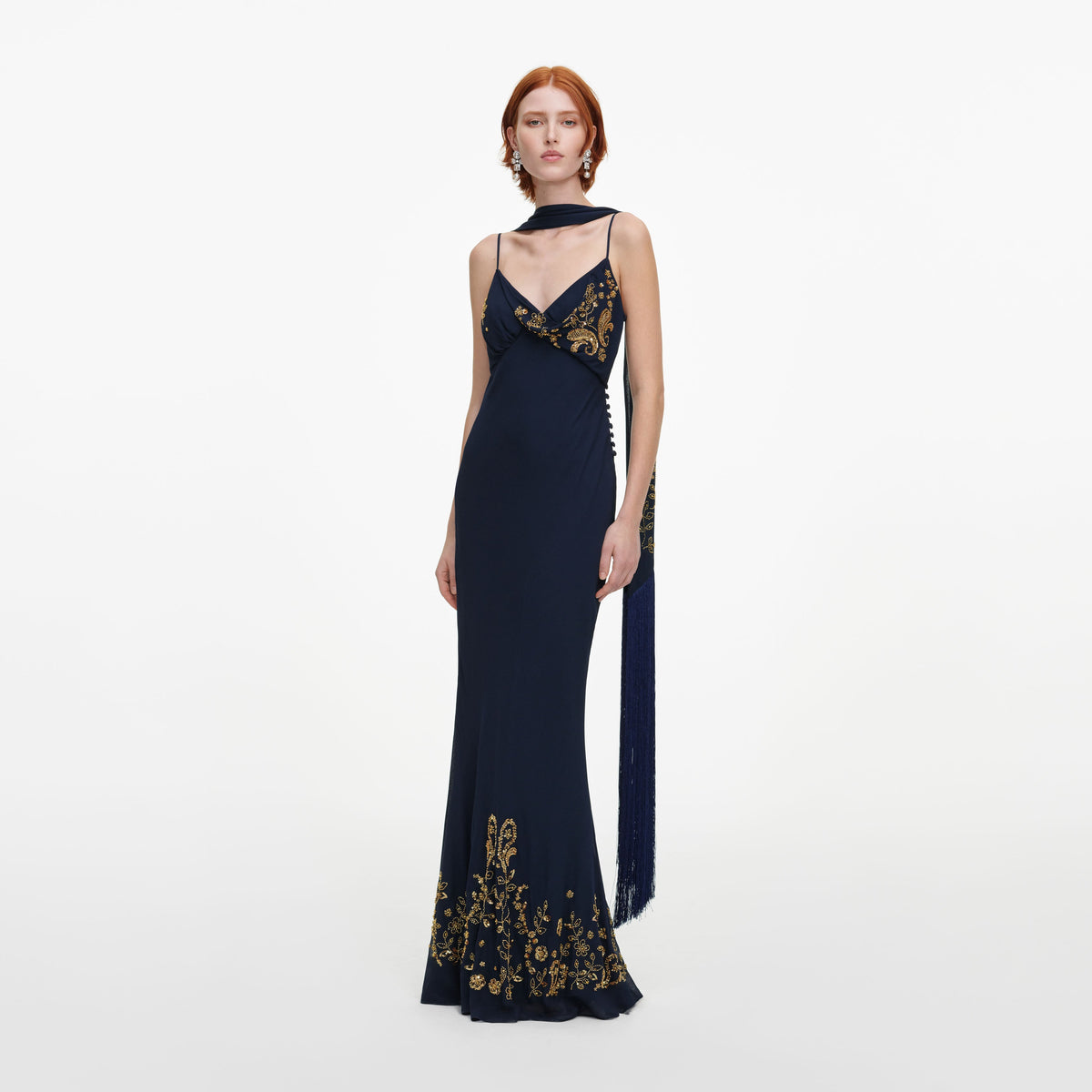 Side view of a woman wearing the Navy Embellished Georgette Scarf Maxi Dress