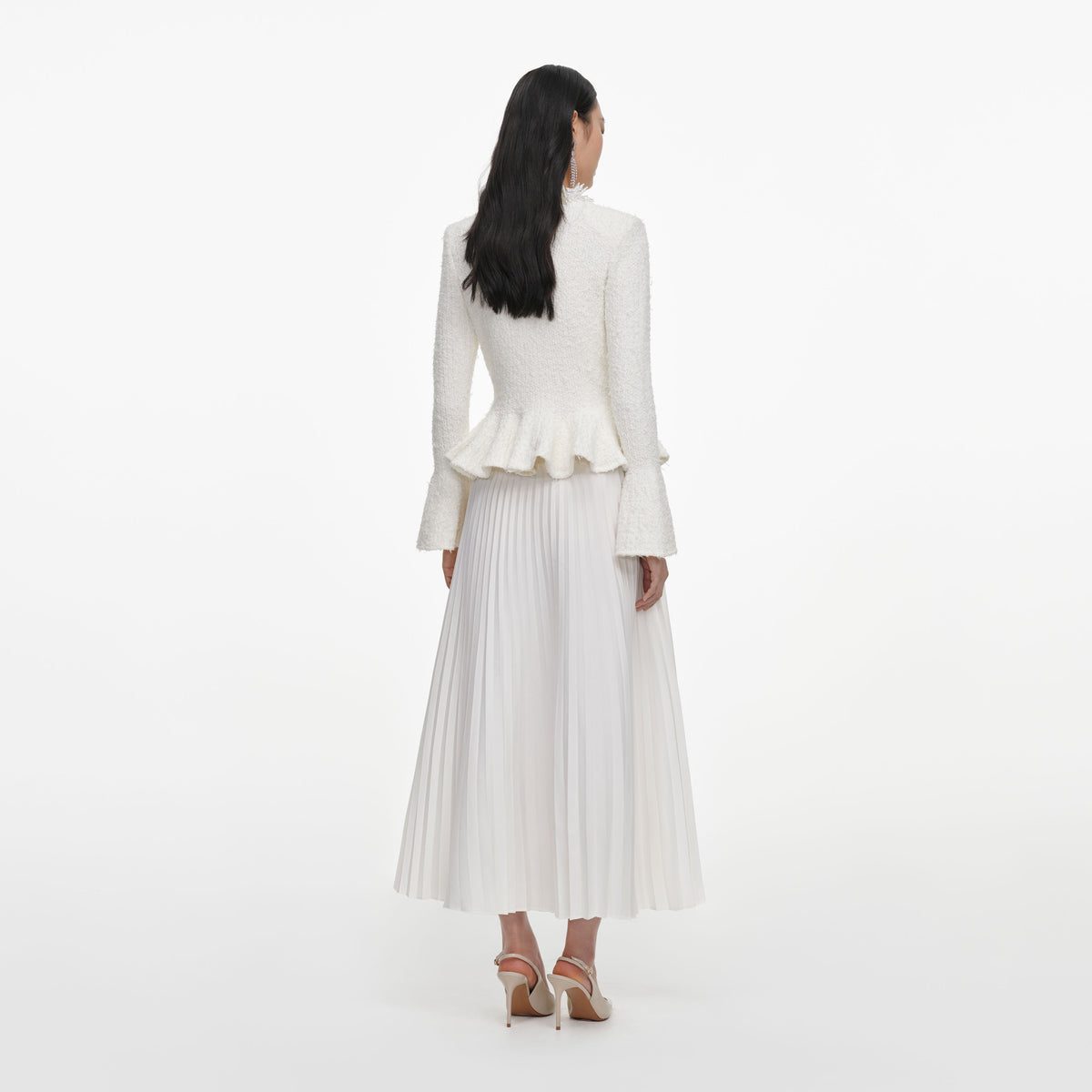 White Textured Knit Chiffon Midi Dress
