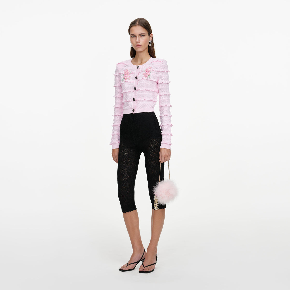 Pink Flower Pointelle Knit Cardigan