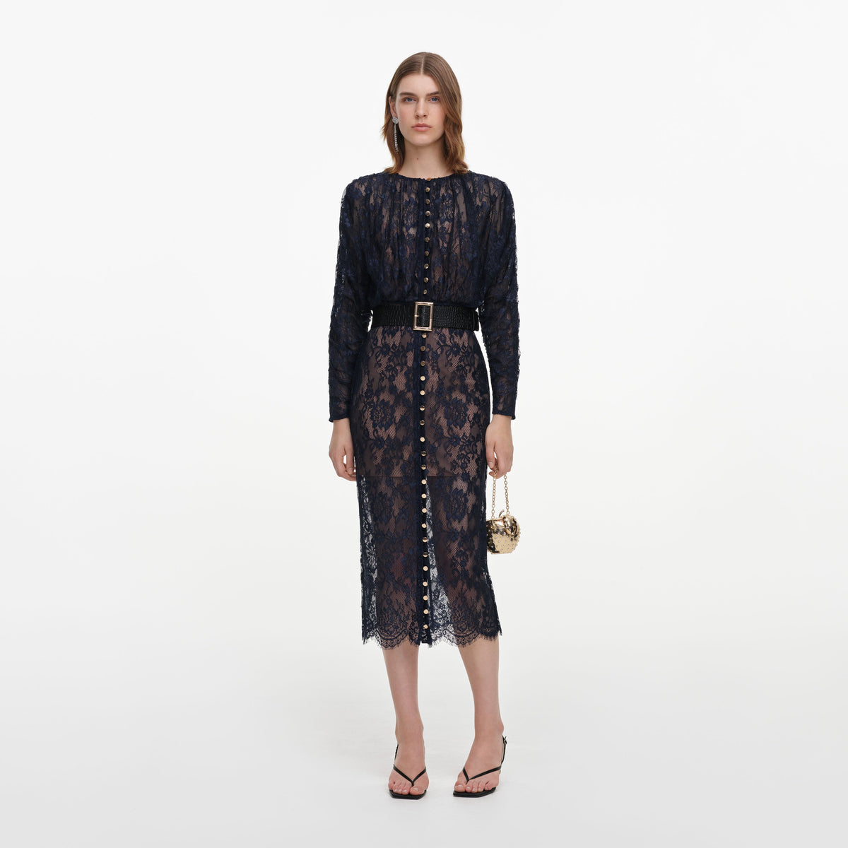 Front view of a woman wearing the Navy Lace Button Midi Dress