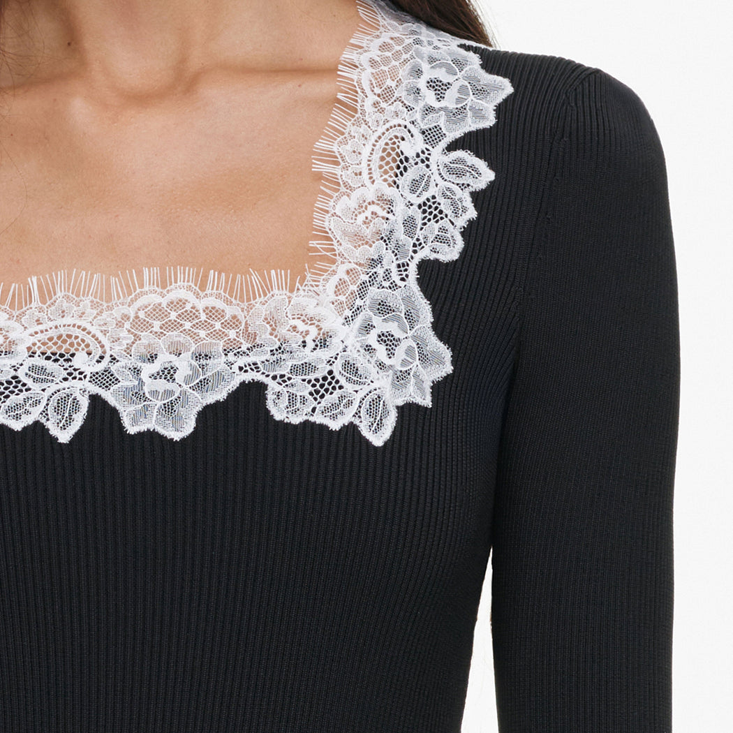 A close up of the fabric for the Black Lace Trim Rib Knit Bodysuit