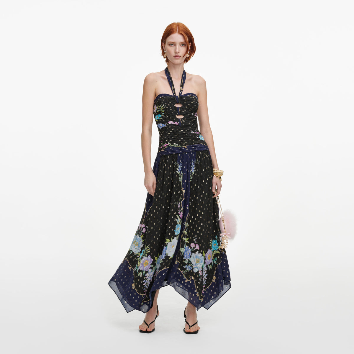 Front view of a woman wearing the Navy Metallic Chiffon Midi Dress