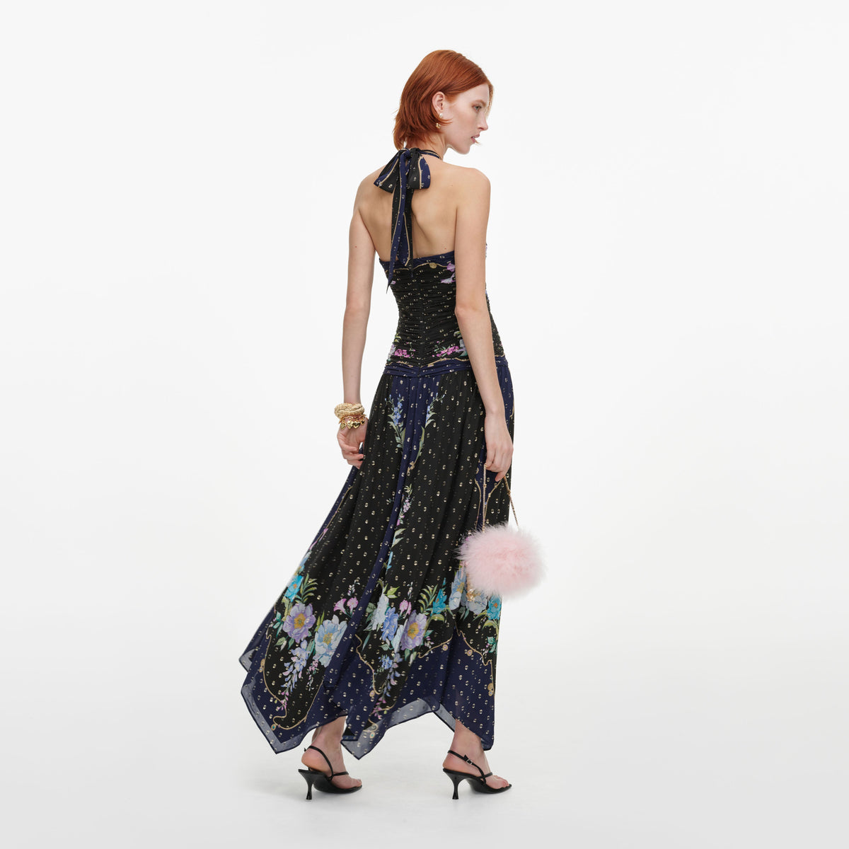 Back view of a woman wearing the Navy Metallic Chiffon Midi Dress