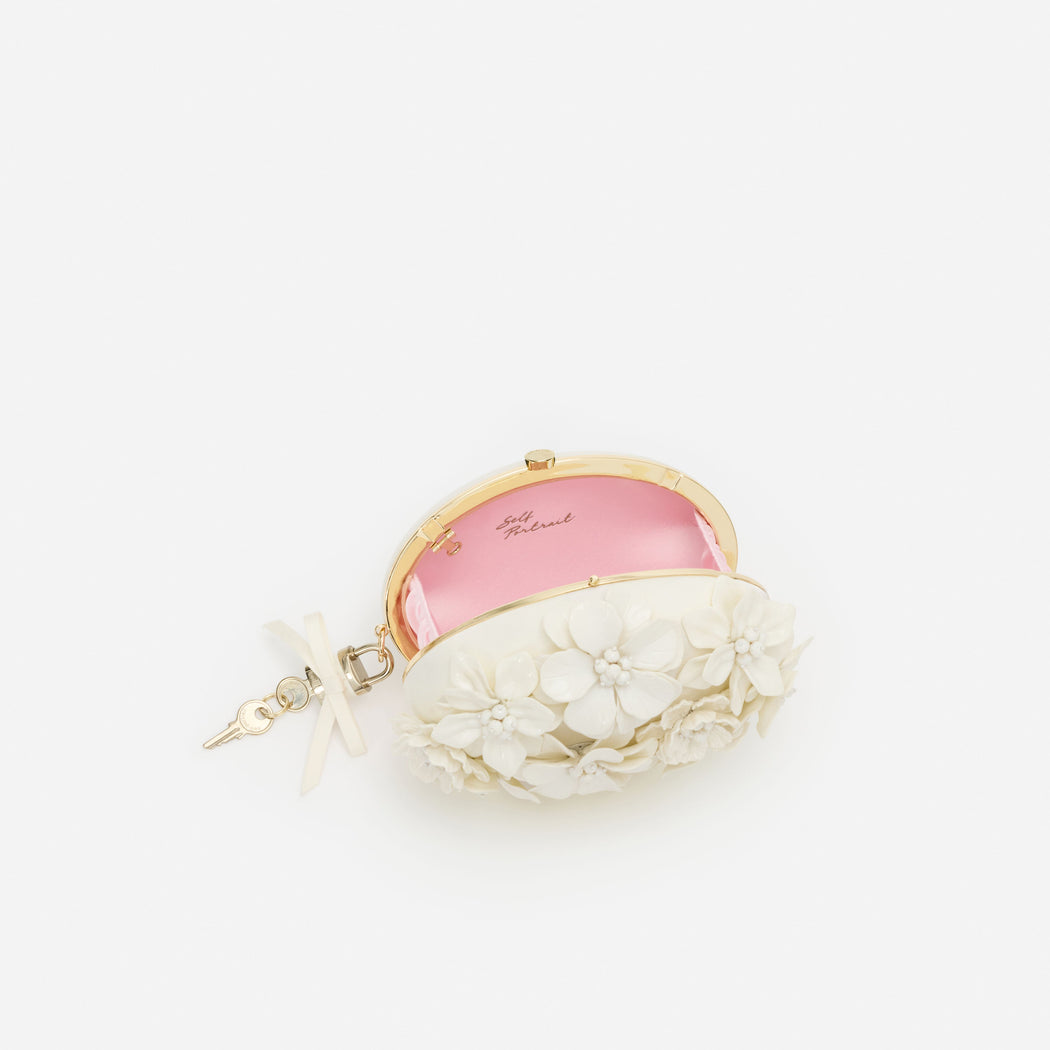 Cream Satin Floral Oval Clutch Bag
