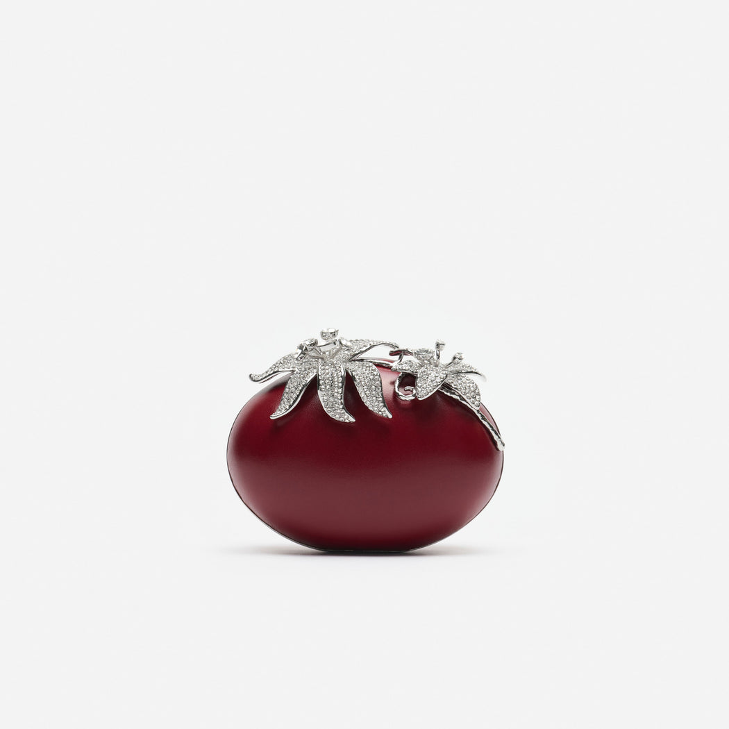 Red Leather Crystal Flower Oval Clutch Bag
