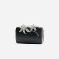 Black Croc Leather Crystal Flower Clutch Bag