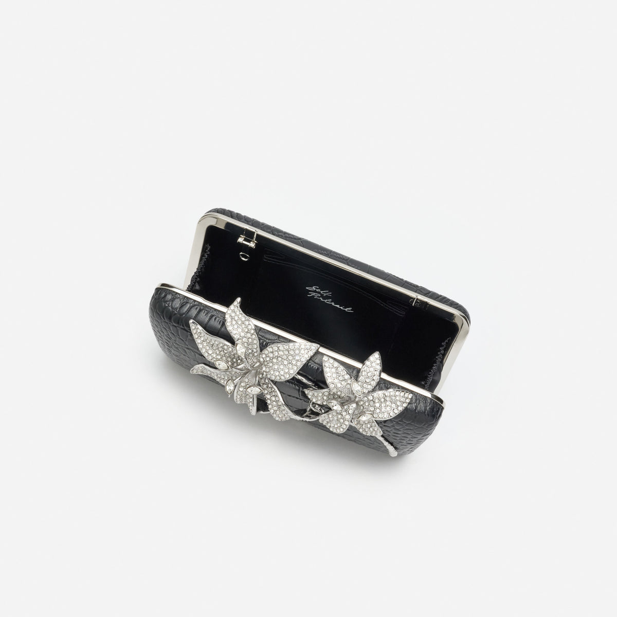 Black Croc Leather Crystal Flower Clutch Bag