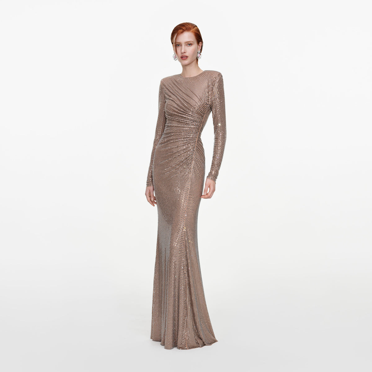 Side view of a woman wearing the Tan Rhinestone Gathered Maxi Dress