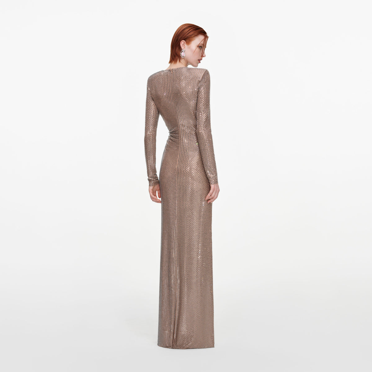 Back view of a woman wearing the Tan Rhinestone Gathered Maxi Dress