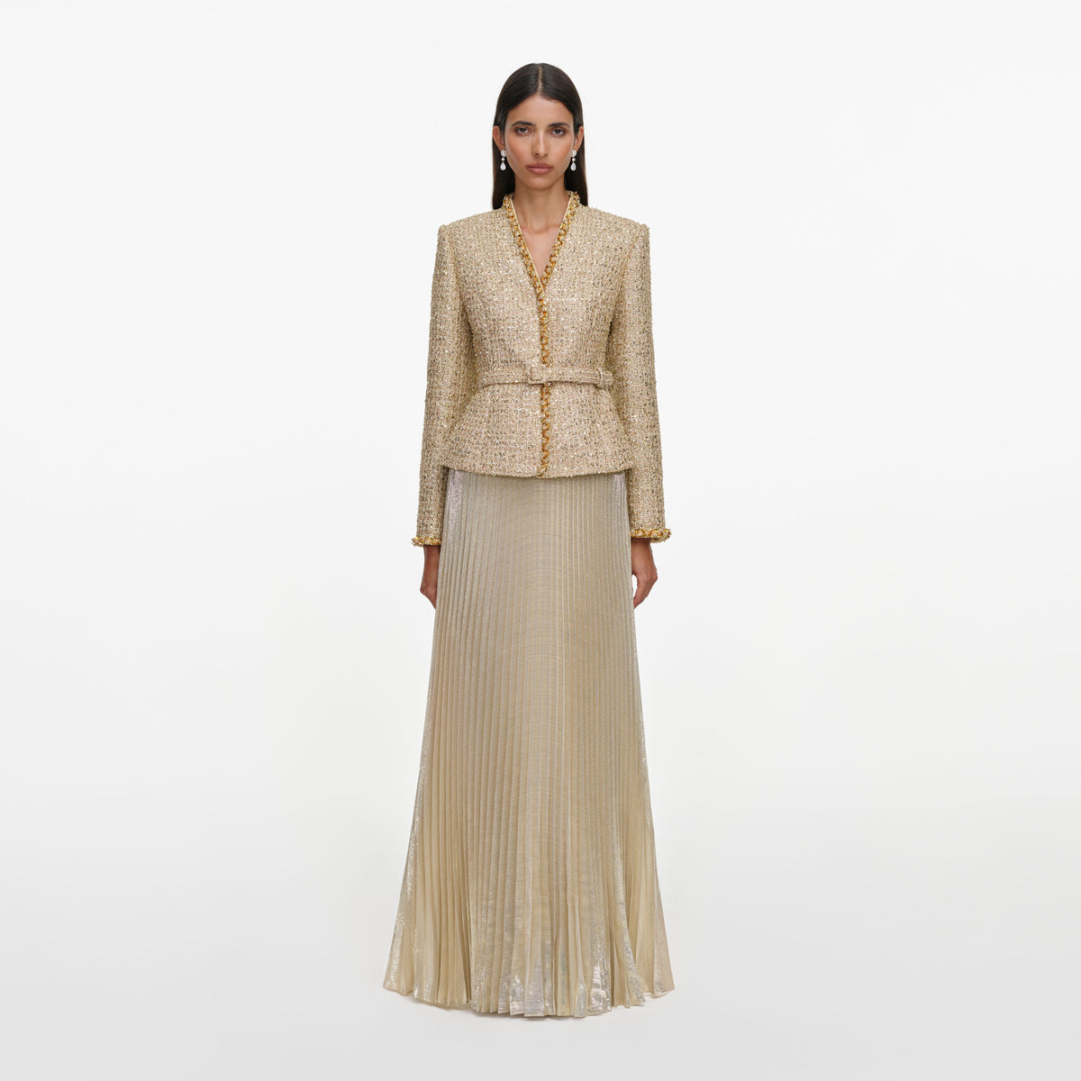 Gold Boucle Pleated Maxi Dress