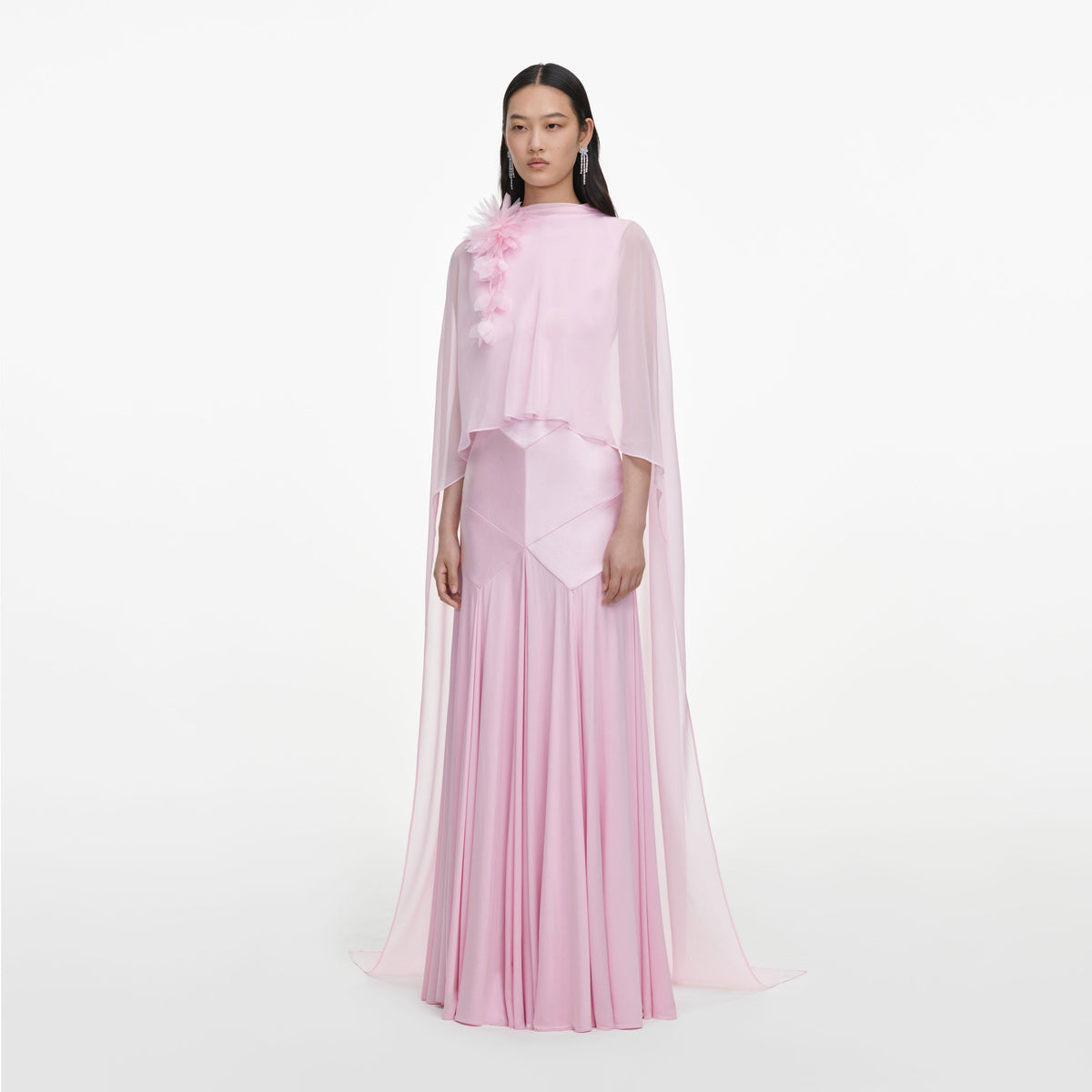 Pink Satin Jersey Cape Maxi Dress