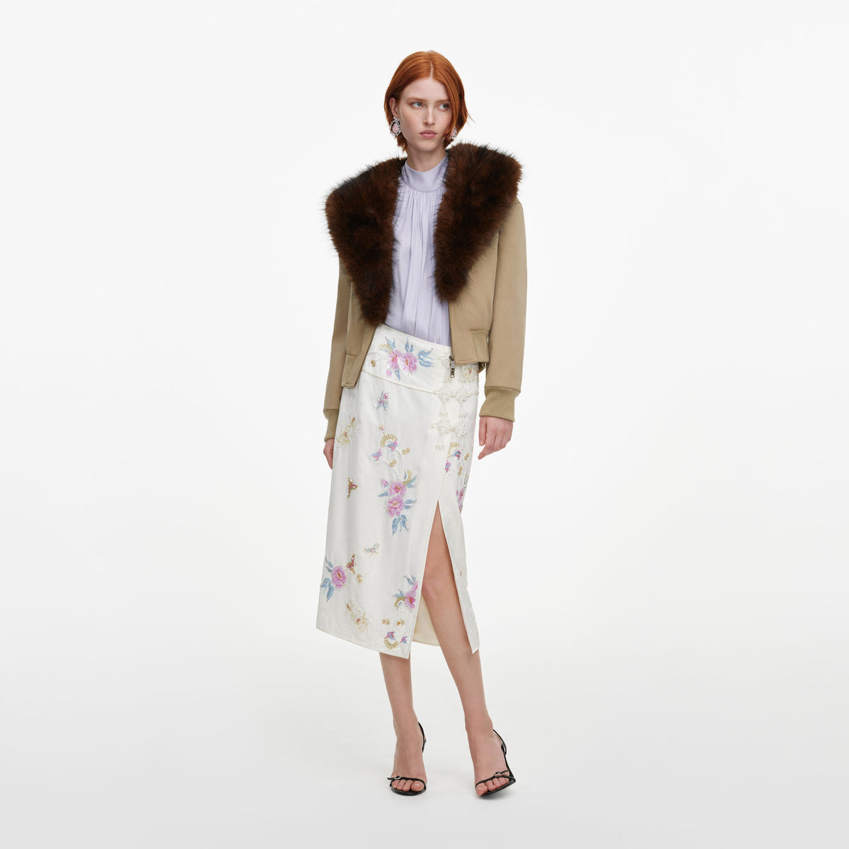 Cream Jacquard Floral Midi Skirt
