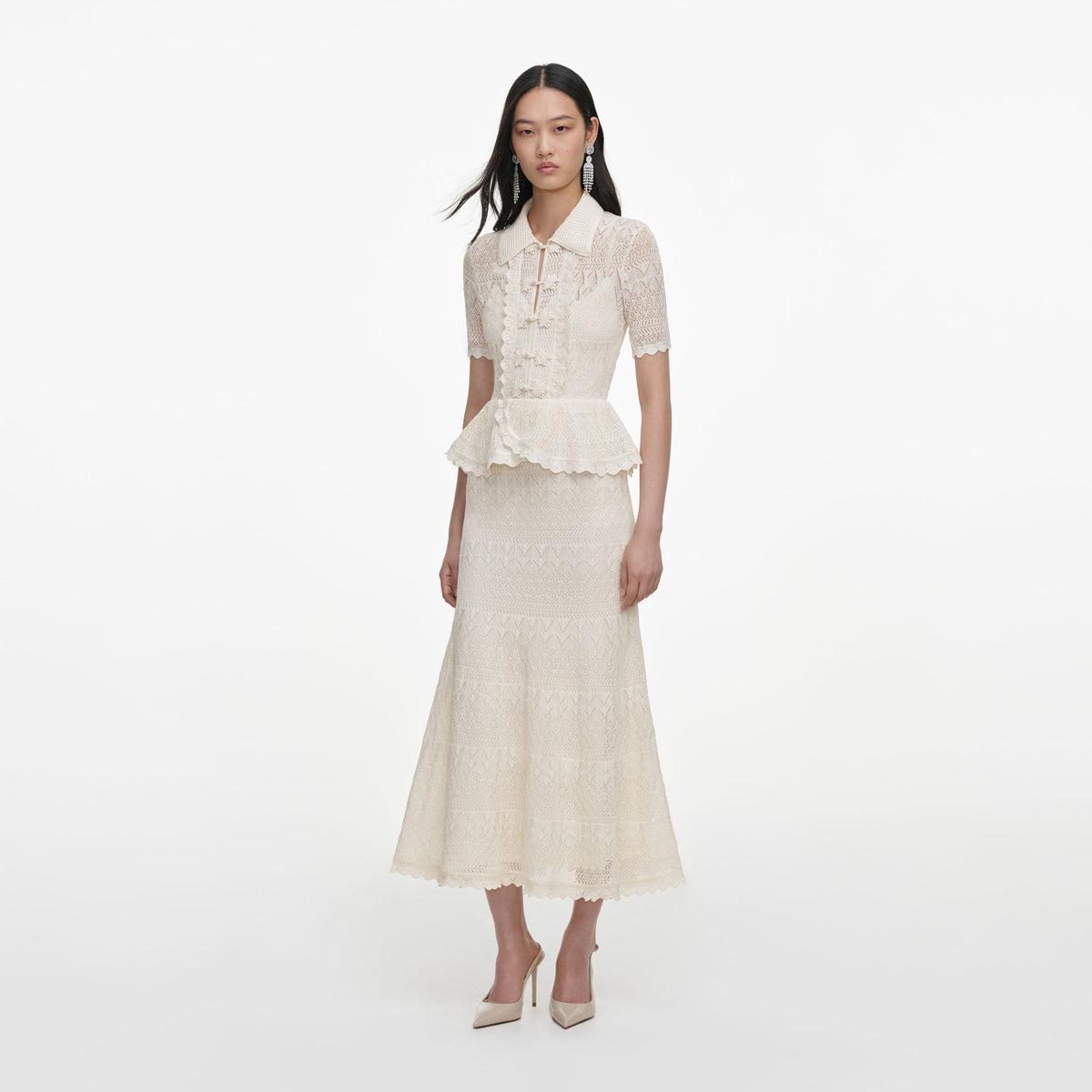 Cream Pointelle Knit Wrap Peplum Midi Dress