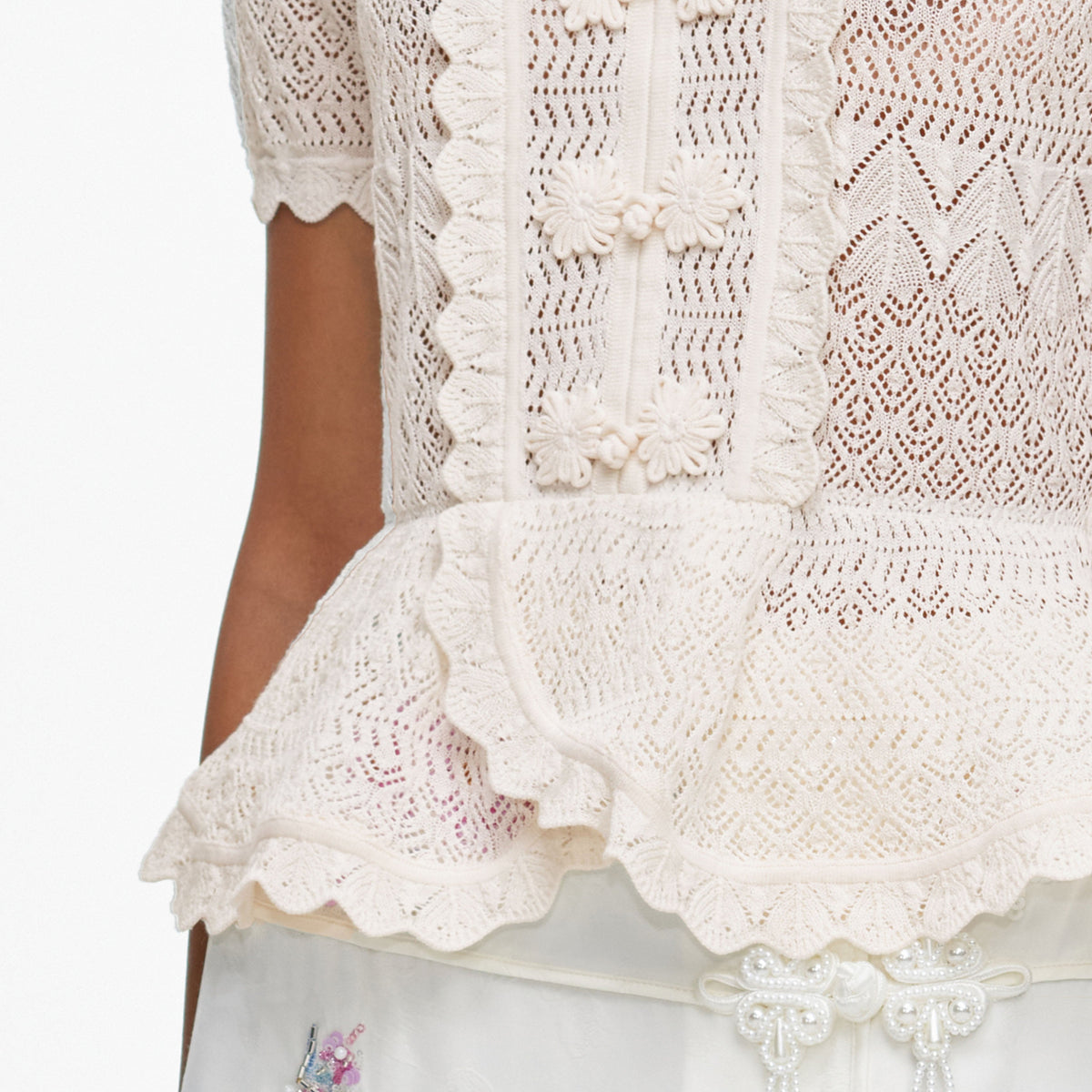 Cream Pointelle Knit Wrap Peplum Top