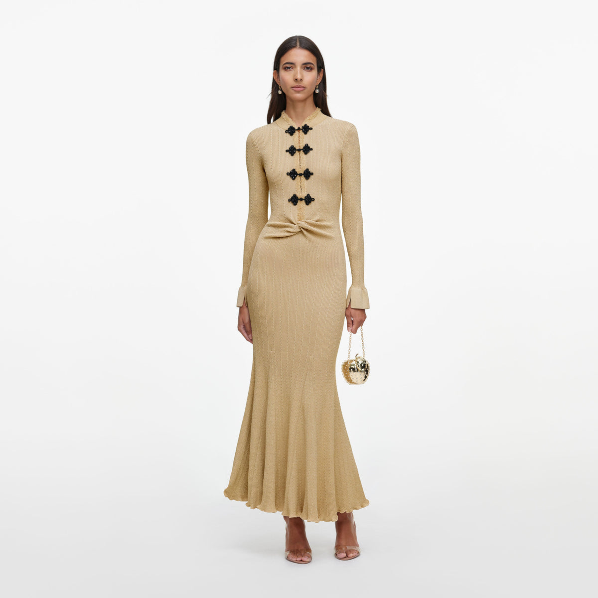 Front view of a woman wearing the Gold Metallic Knit Midi Dress