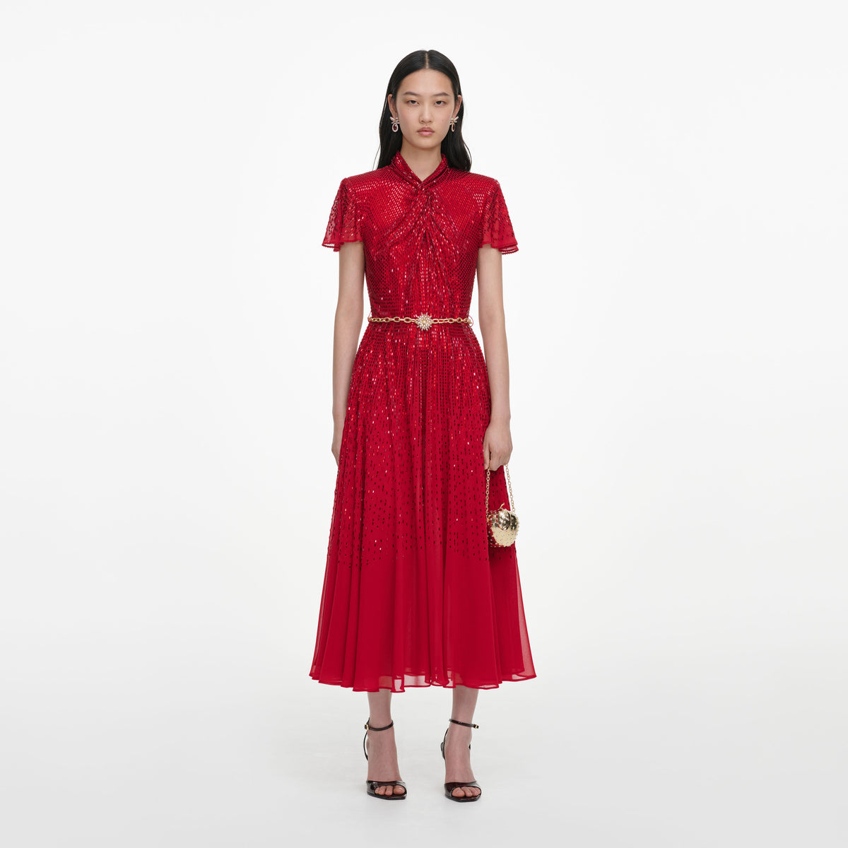 Red Ombre Rhinestone Twist Midi Dress