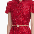 Red Ombre Rhinestone Twist Midi Dress