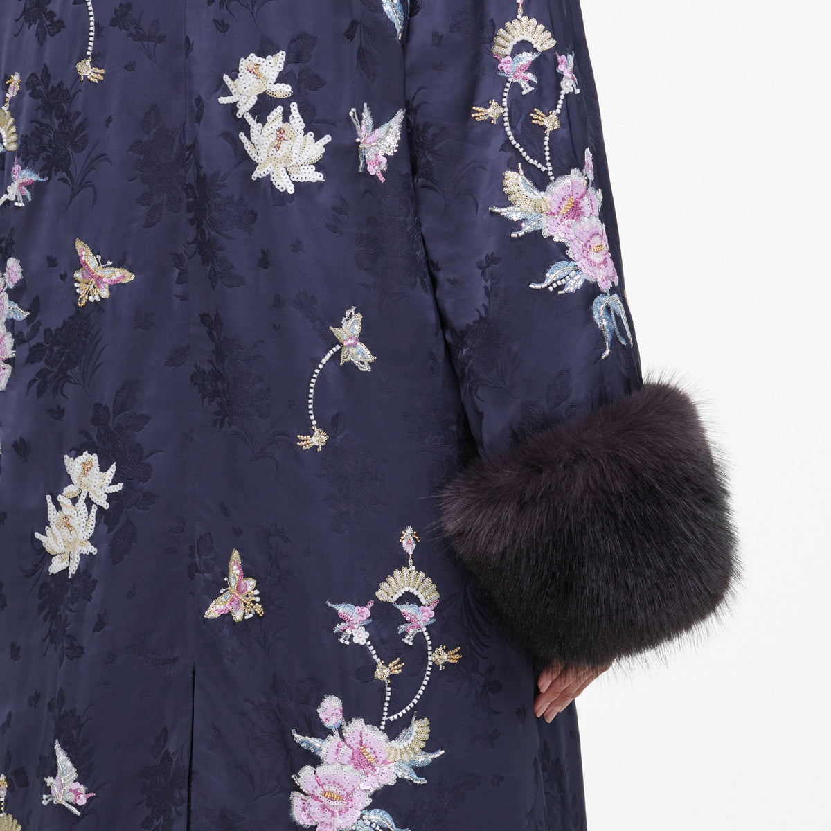 Navy Floral Jacquard Fur Collar Coat