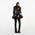 Black Floral Jacquard Fur Collar Coat