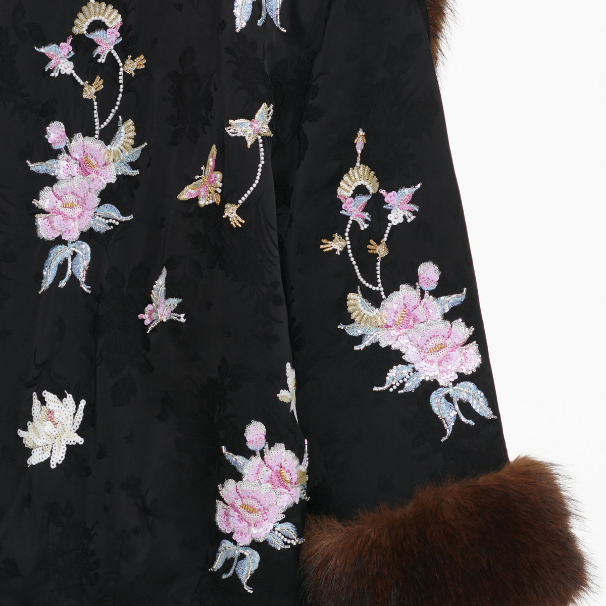 Black Floral Jacquard Fur Collar Coat