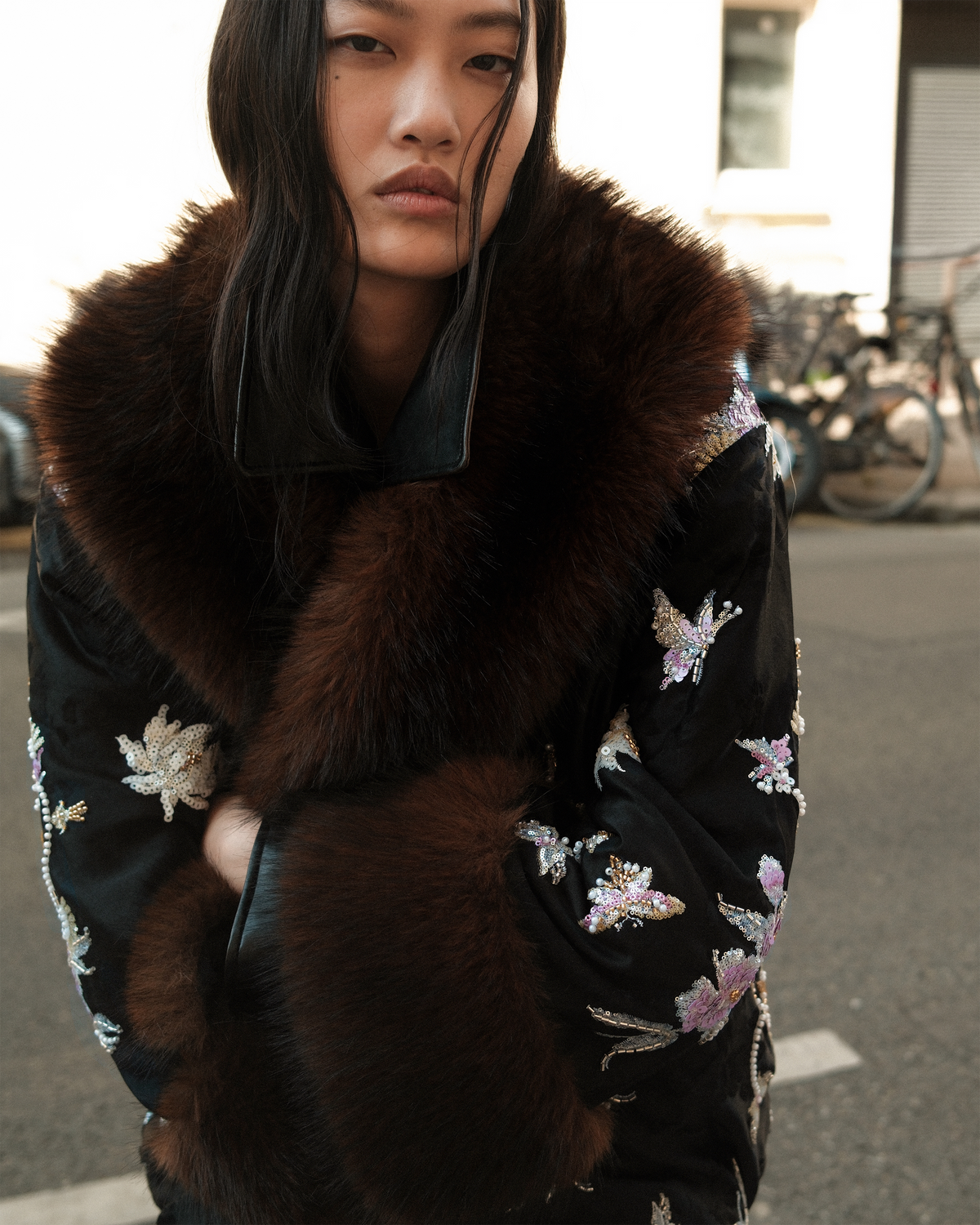 Black Floral Jacquard Fur Collar Coat