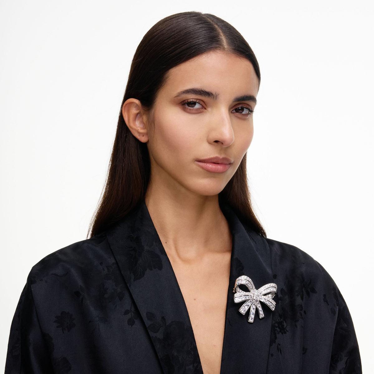 Silver Crystal Bow Brooch