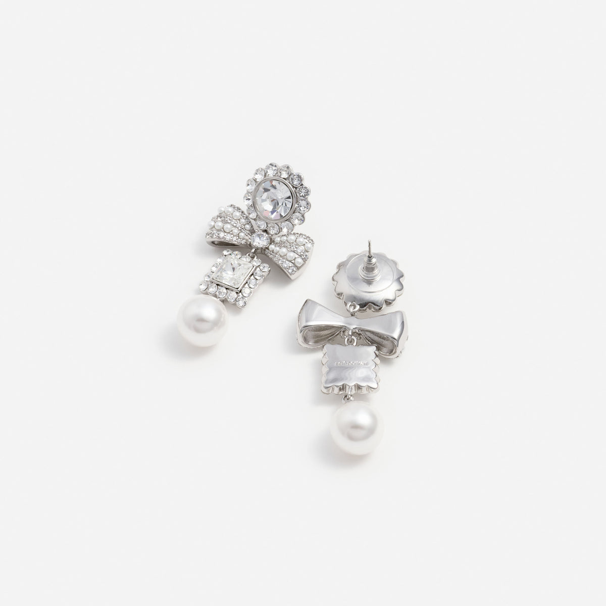 Silver Crystal Bow Pearl Tiered Earrings